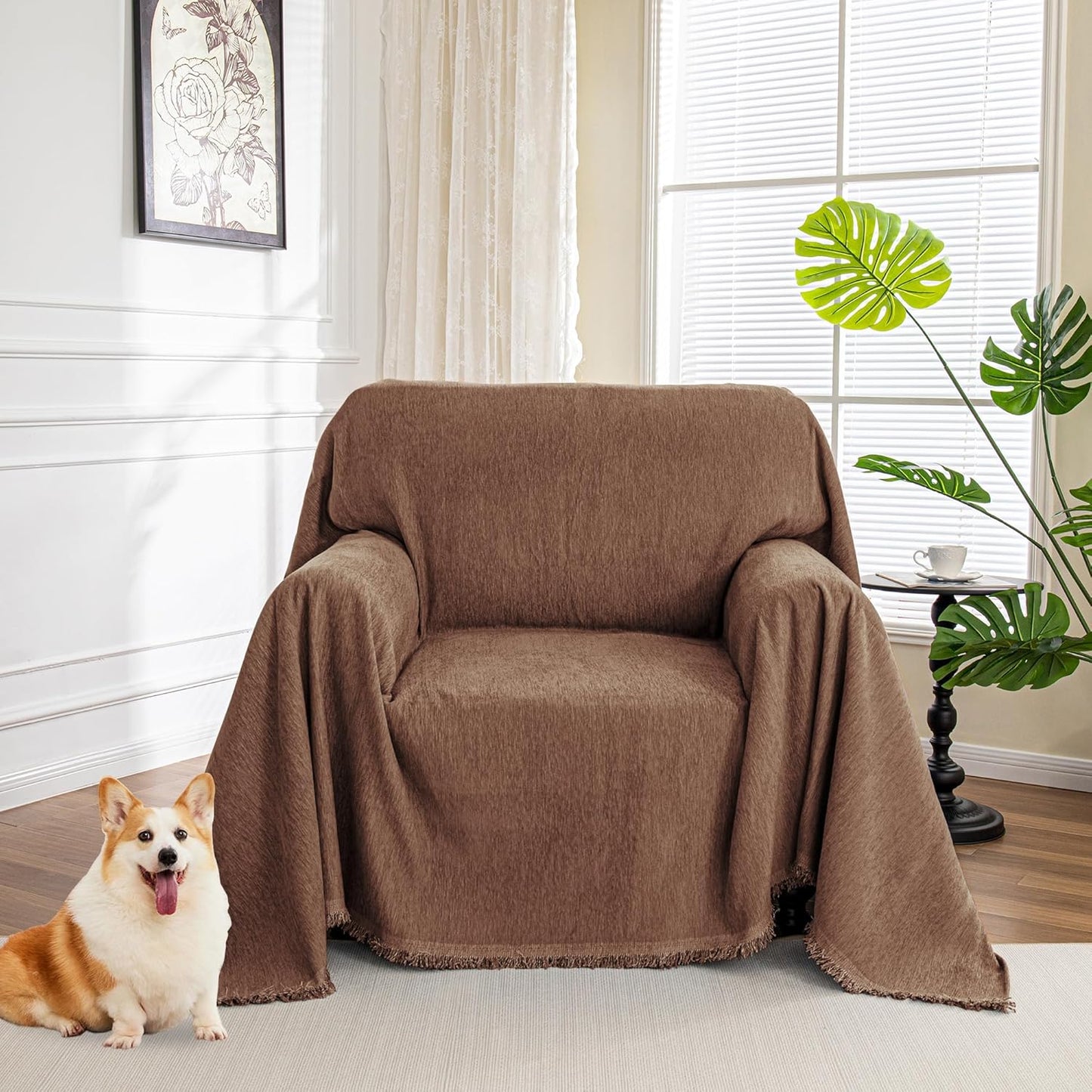 Couch Cover for Dogs, Washable Couch Covers, Non Slip Couch Sofa Cover, Couch Cover 2 Cushion Sofa Dogs Furniture Protector with Tassels Chenille Sofa Covers for Pets, 71"x118", Dark Grey