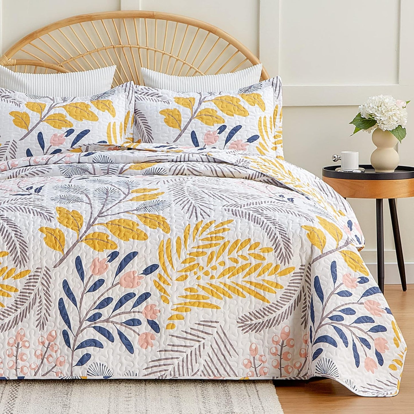 Home Quilt Set Full Queen Size Grey 3 Piece,Lightweight Soft Coverlet Squares Pattern Bedspread Set for All Season(1 Quilt,2 Pillow Shams)