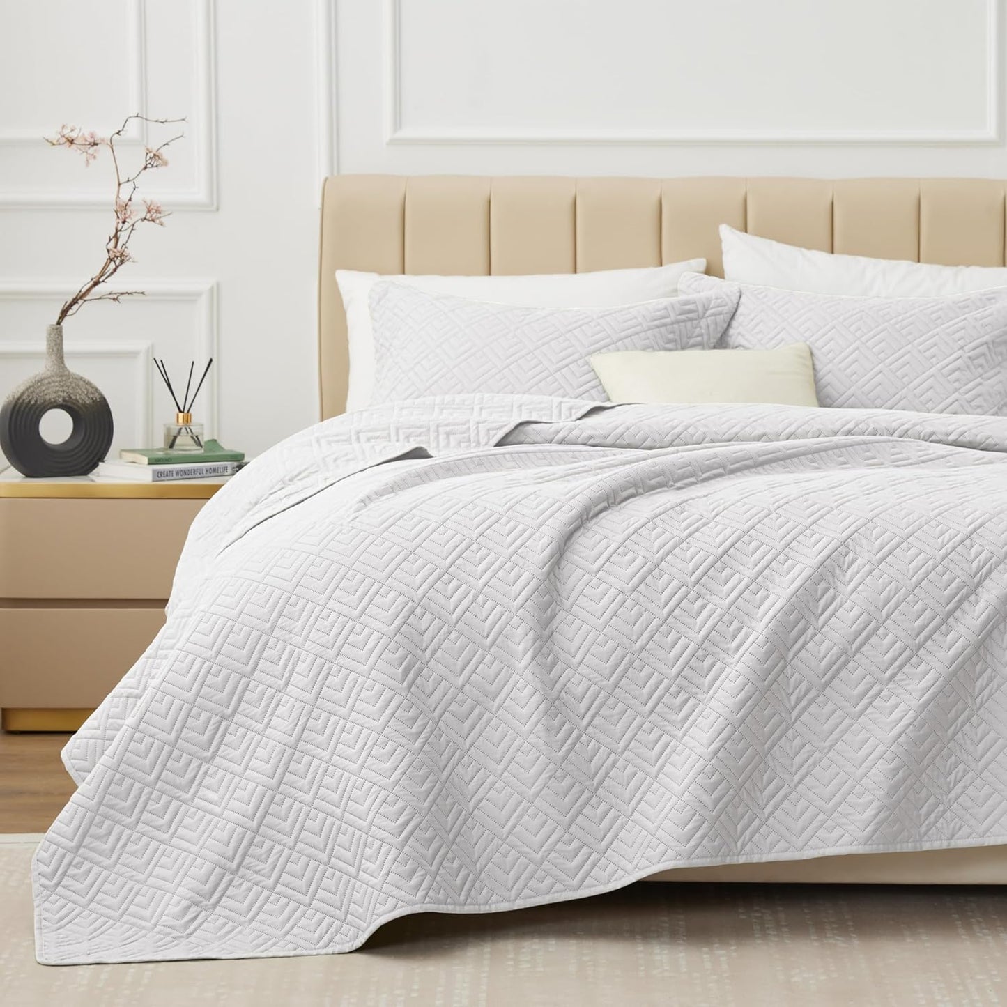 Home Quilt Set Full Queen Size Grey 3 Piece,Lightweight Soft Coverlet Squares Pattern Bedspread Set for All Season(1 Quilt,2 Pillow Shams)