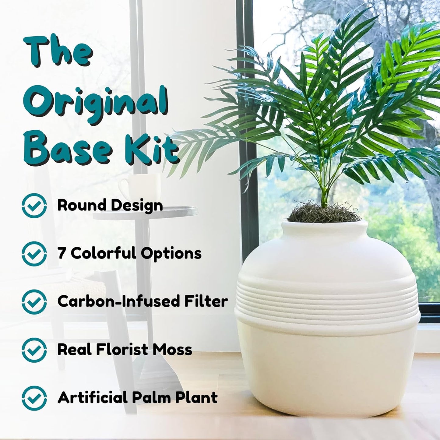 Hidden Litter Box Base Kit, Round Enclosed Cat Planter Furniture with Fake Plant, Hooded Vented Carbon Filter System for Odor Control, Easy to Clean, Made in USA, White Birch
