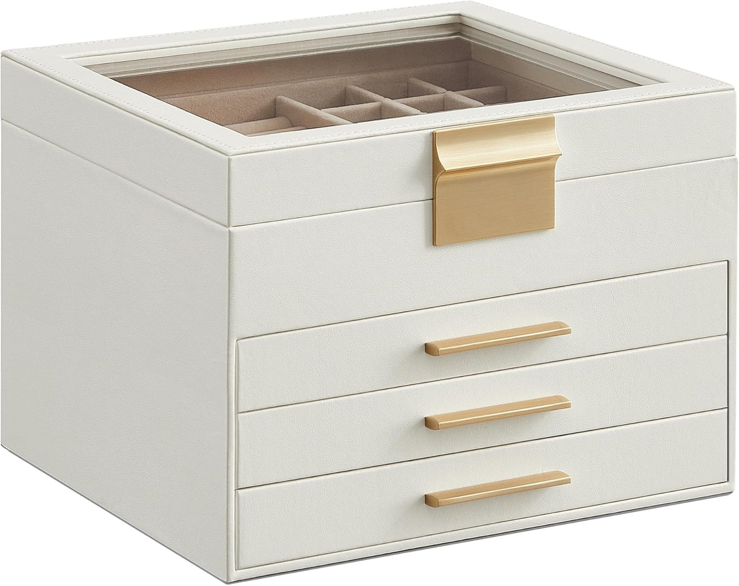 Jewelry Box with Glass Lid, 4-Layer Jewelry Organizer, 3 Drawers, for Big and Small Jewelry, Jewelry Storage, Modern Style, 8 x 9.1 x 6.5 Inches, Avocado Green and Gold Color UJBC173C02