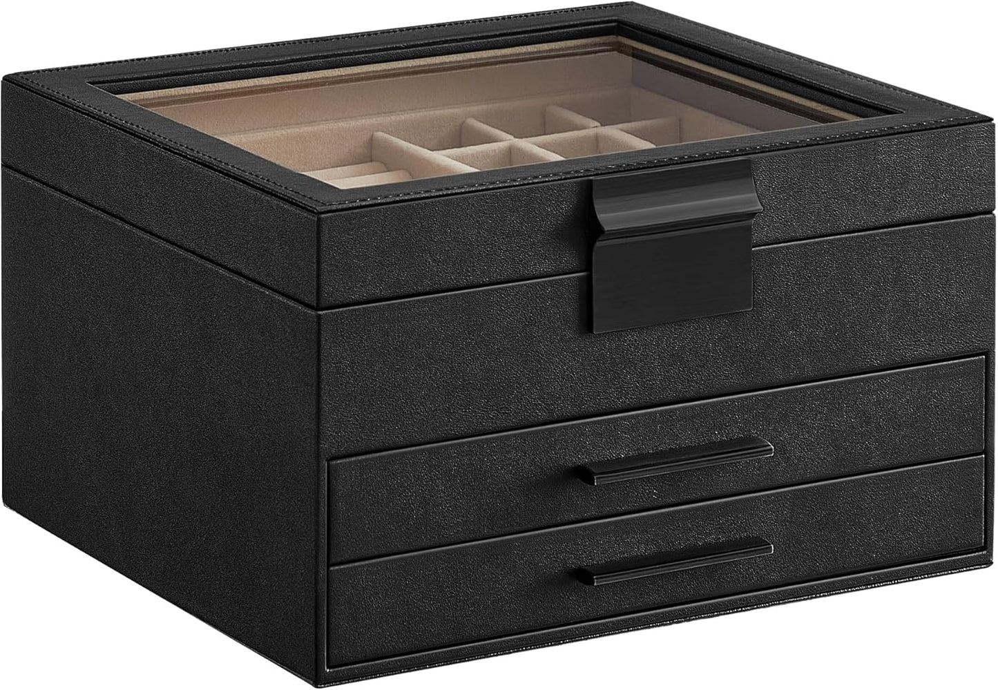 Jewelry Box with Glass Lid, 4-Layer Jewelry Organizer, 3 Drawers, for Big and Small Jewelry, Jewelry Storage, Modern Style, 8 x 9.1 x 6.5 Inches, Avocado Green and Gold Color UJBC173C02