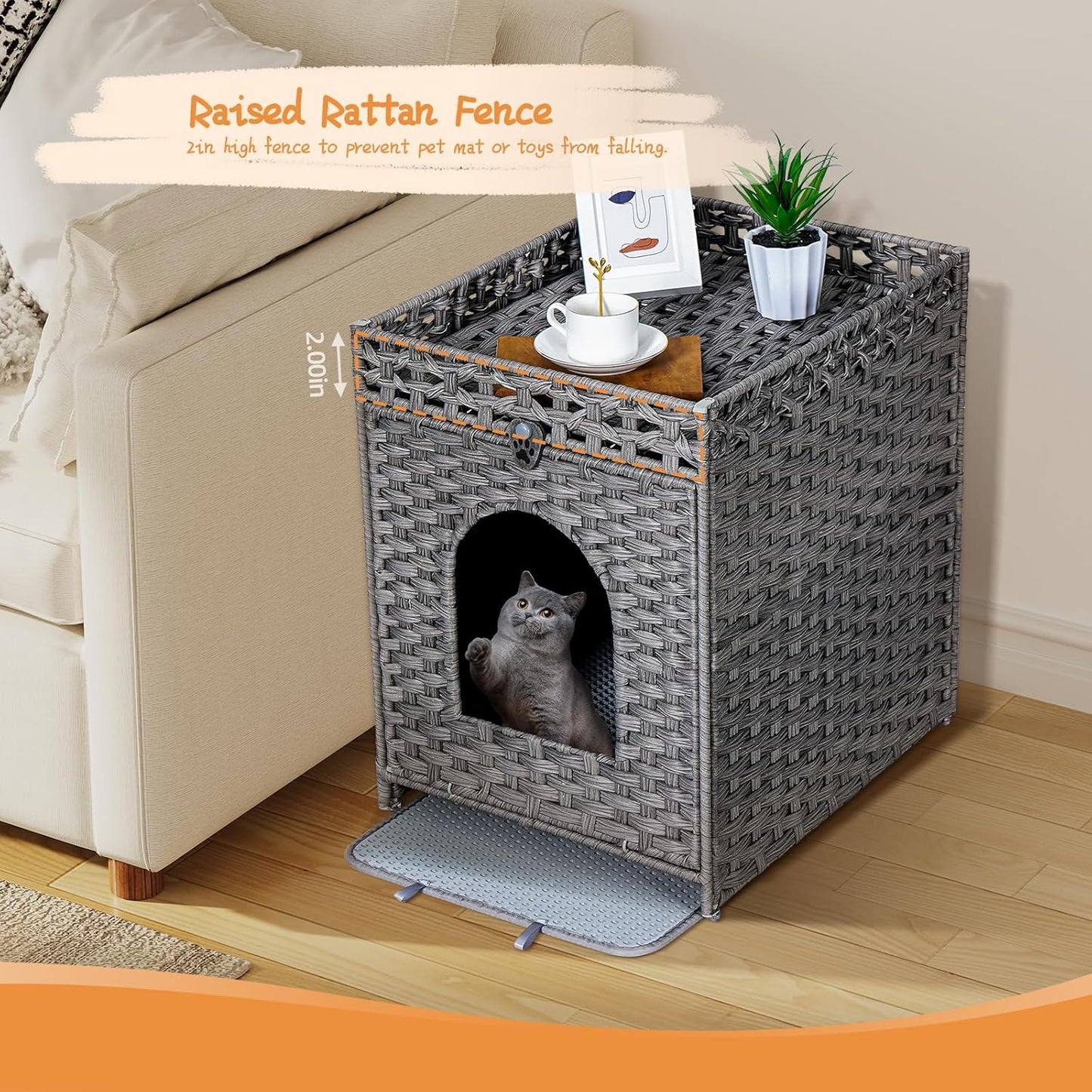 Cat Litter Box Enclosure Furniture Hidden with Cat Litter Mat, Hidden Cat Washroom Furniture with Door, Handwoven Rattan Cat Washroom Box, Indoor Pet House for Living Room, Bedroom(Grey)