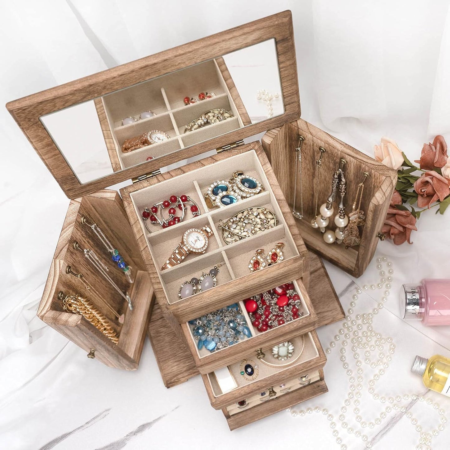 Jewelry Box for Women, Rustic Wooden Jewelry Boxes & Organizers with Mirror, 4 Layer Jewelry Organizer Box Display for Rings Earrings Necklaces Bracelets (Rustic Brown)