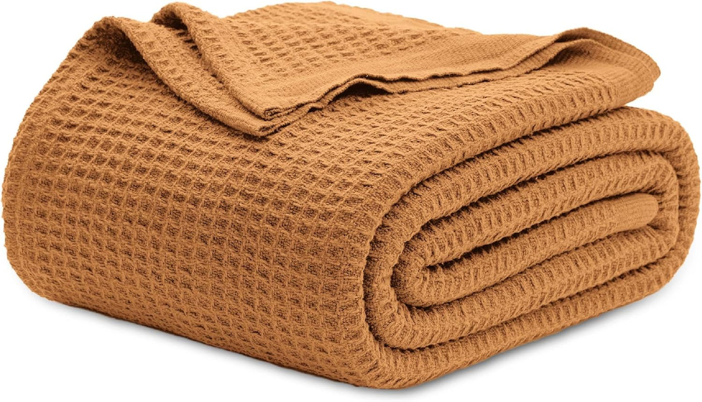 100% Cotton Blanket Queen Size for Bed - Breathable and Soft, Waffle Weave Blanket for Summer Spring, White, 90x90 Inches