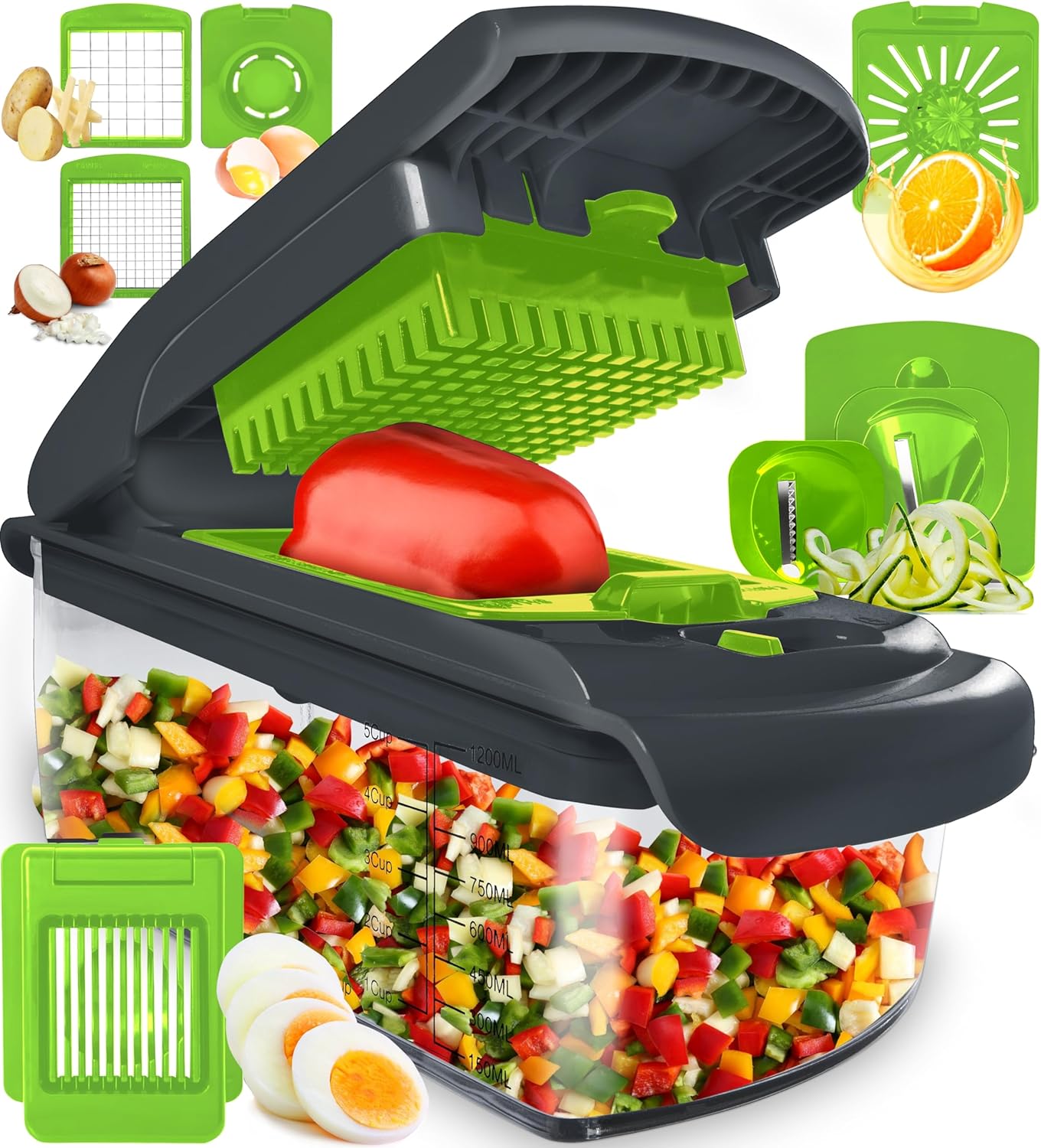 Vegetable Chopper - Food Chopper - Onion Chopper - Vegetable Slicer & Spiralizer - Veggie Chopper with Container - Kitchen Gadgets - Home Essentials - Kitchen Accessories (9 in 1, White)