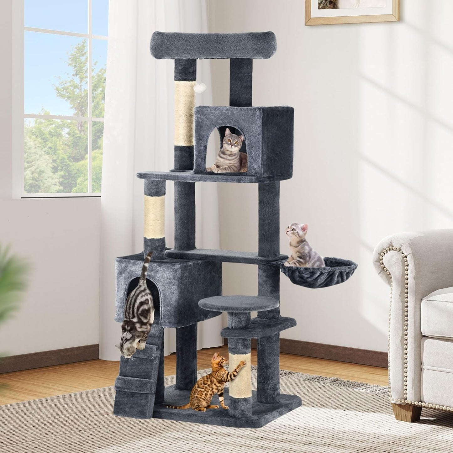 75-inch Indoor Cat Tree Tower, Multi-Level Pet Playground, Cat Furniture with Scratch Posts, Hideaway Condos, Soft Perch, Snug Hammock, Climbing Ladder, and Plush Balls for Kittens (Dark Gray)
