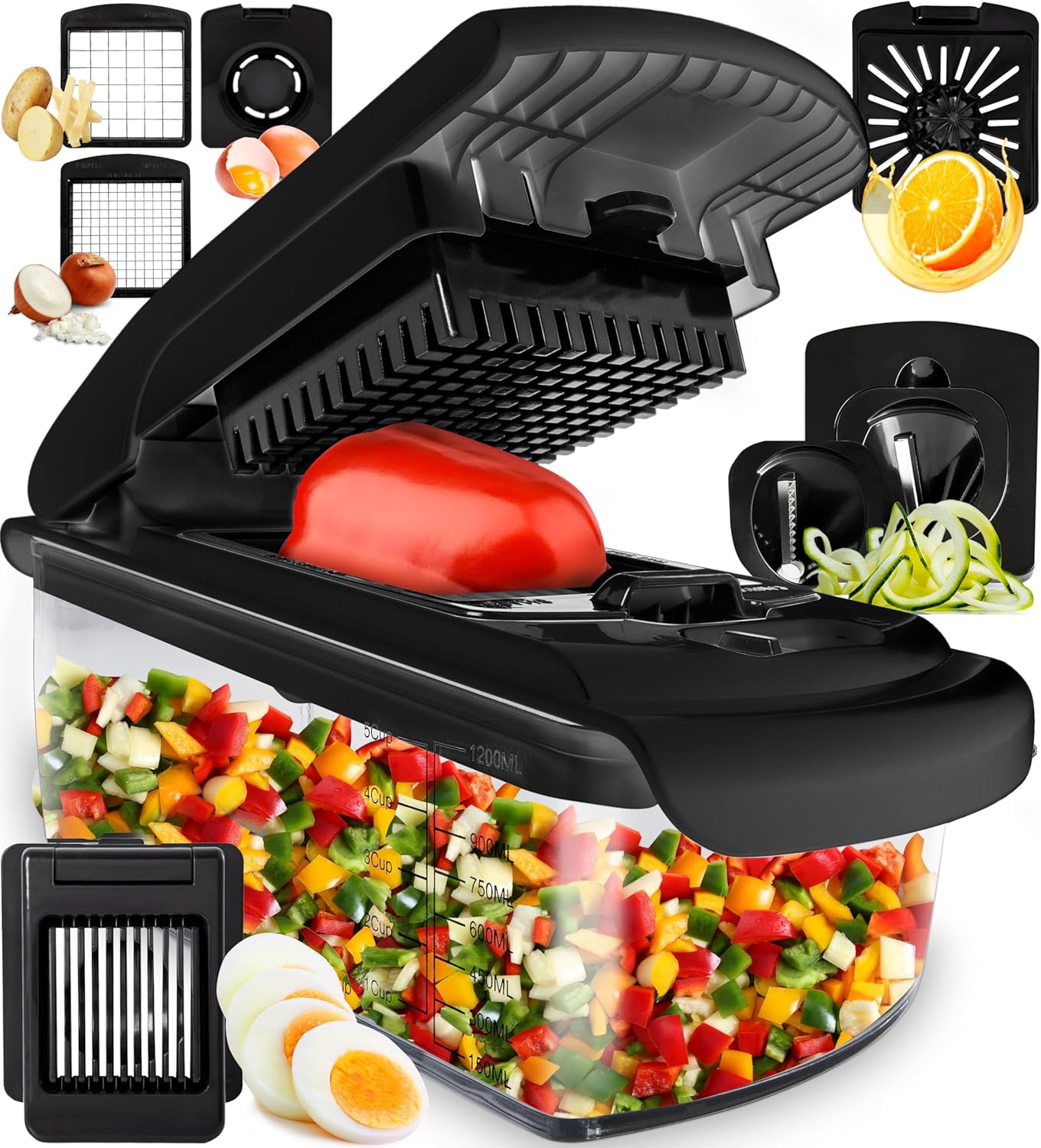 Vegetable Chopper - Food Chopper - Onion Chopper - Vegetable Slicer & Spiralizer - Veggie Chopper with Container - Kitchen Gadgets - Home Essentials - Kitchen Accessories (9 in 1, White)