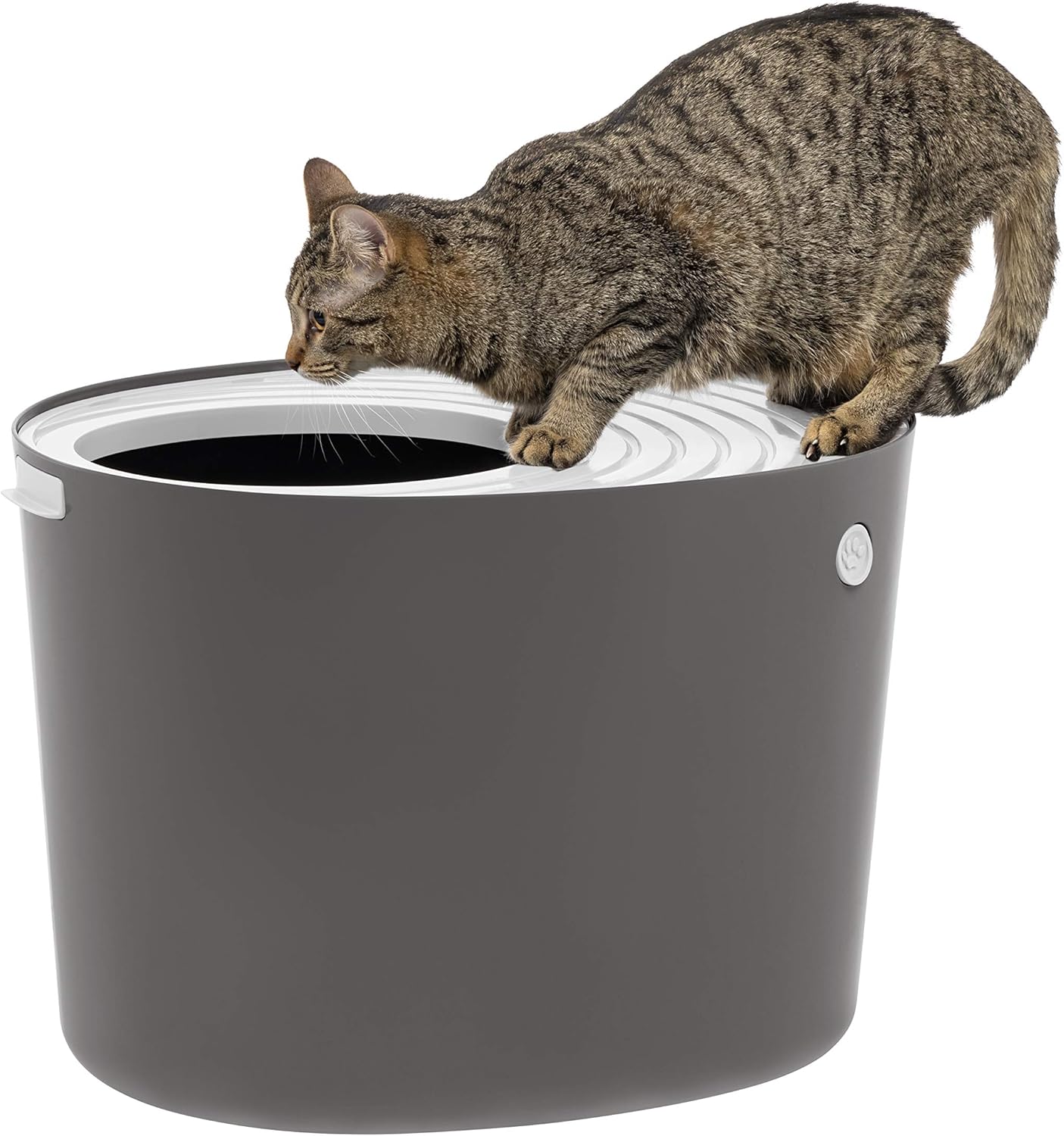 Cat Litter Box, Top Entry Litter Box with Scoop, Stylish Round Cat Litter Box Enclosure, Kitty Litter Box, White/Beige