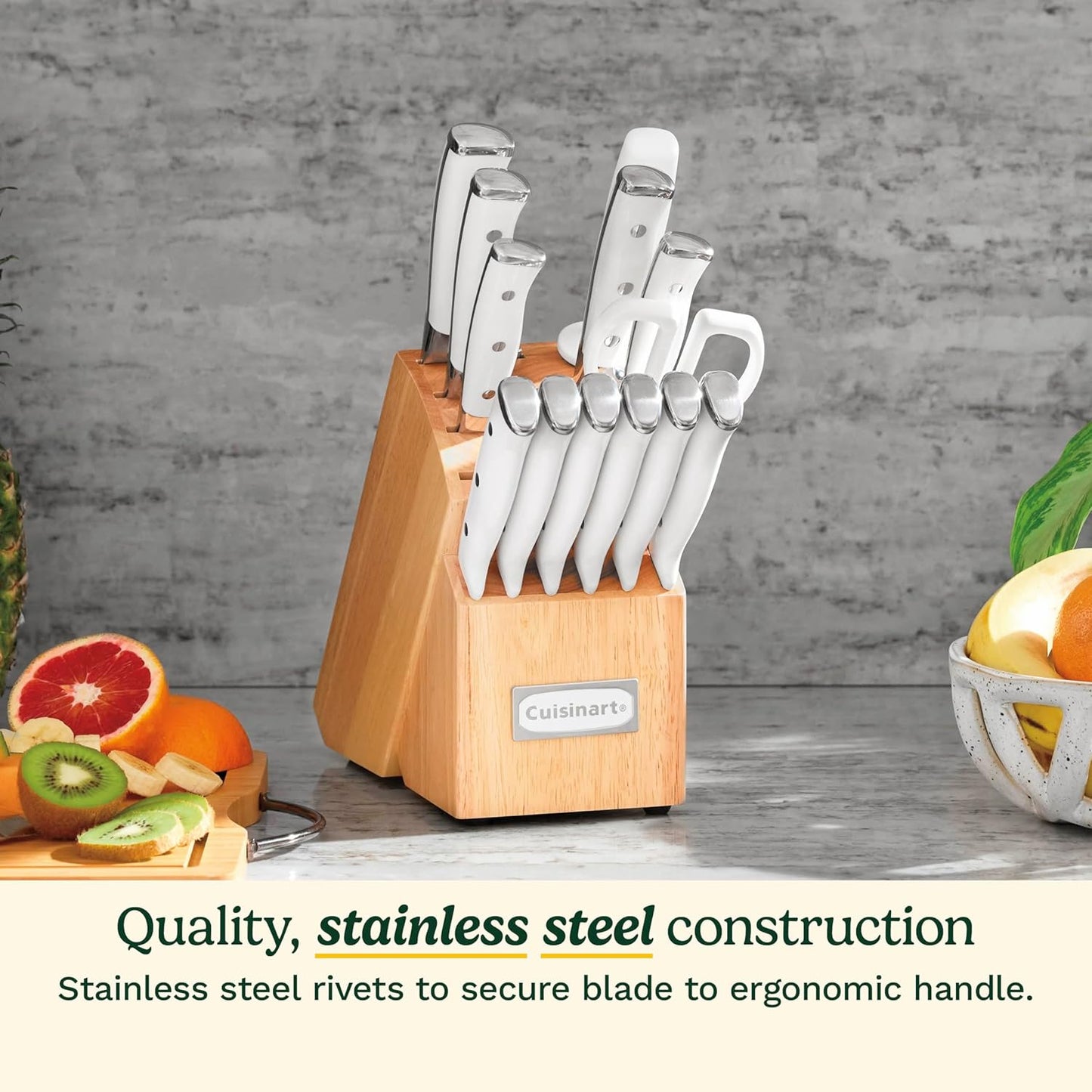 15-Piece Knife Set with Block, High Carbon Stainless Steel, Forged Triple Rivet, White