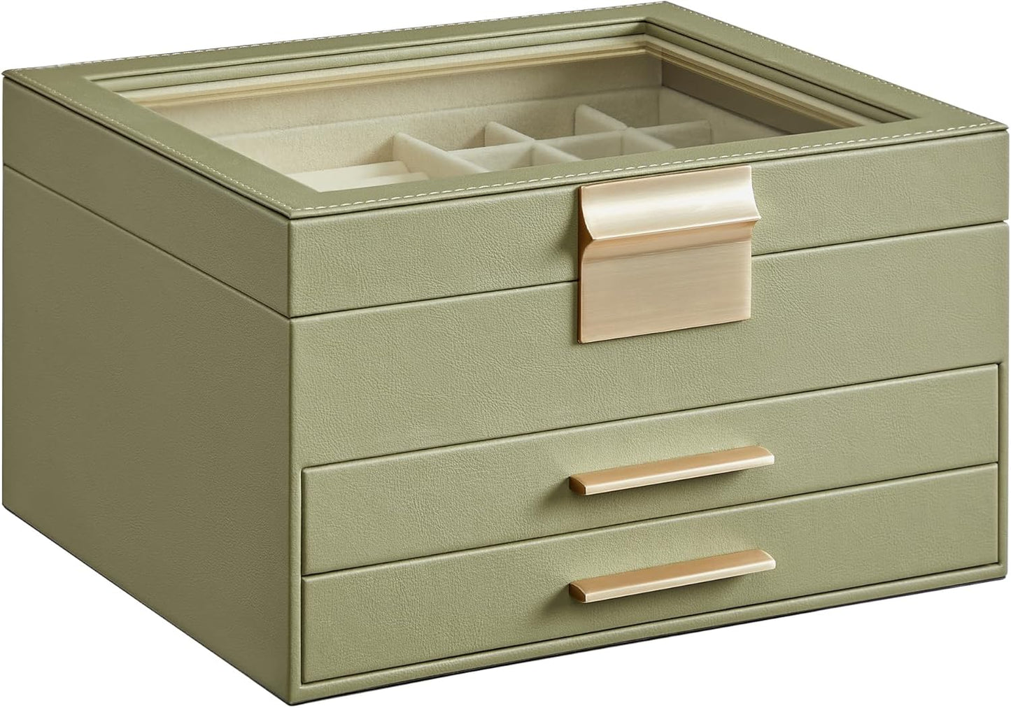 Jewelry Box with Glass Lid, 4-Layer Jewelry Organizer, 3 Drawers, for Big and Small Jewelry, Jewelry Storage, Modern Style, 8 x 9.1 x 6.5 Inches, Avocado Green and Gold Color UJBC173C02