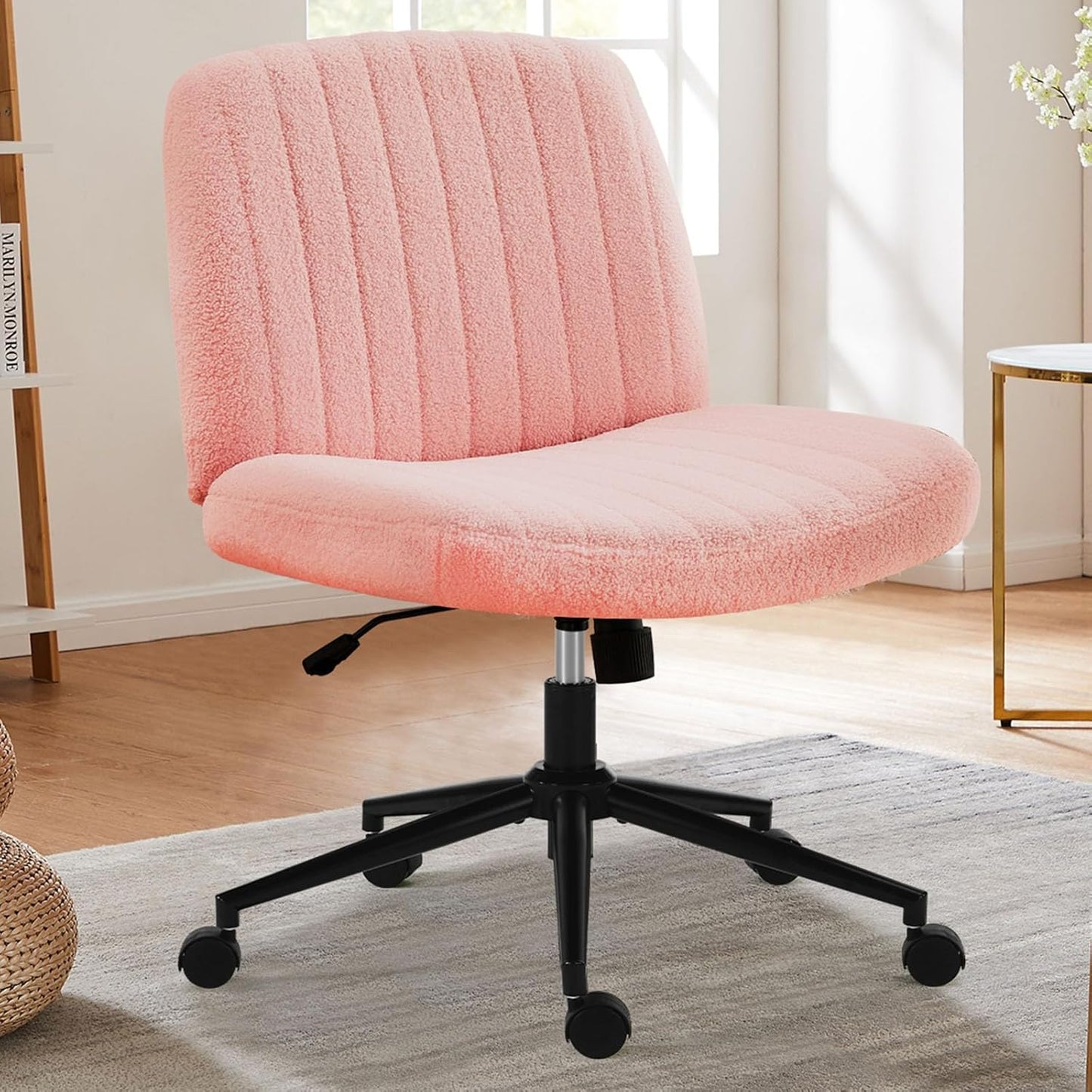 Criss Cross Chair Legged, Armless Office Desk Chair No Wheels, Swivel Vanity Chair, Height Adjustable Wide Seat Computer Task Chair, Fabric Vanity Modern Home Chair Blue