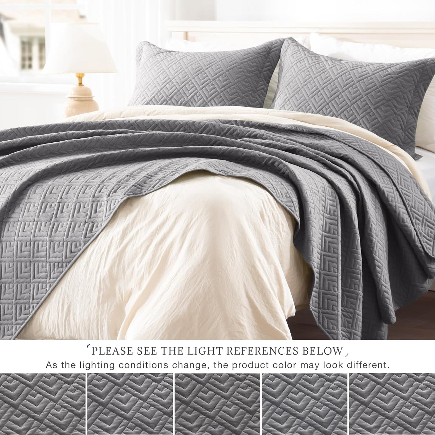 Home Quilt Set Full Queen Size Grey 3 Piece,Lightweight Soft Coverlet Squares Pattern Bedspread Set for All Season(1 Quilt,2 Pillow Shams)