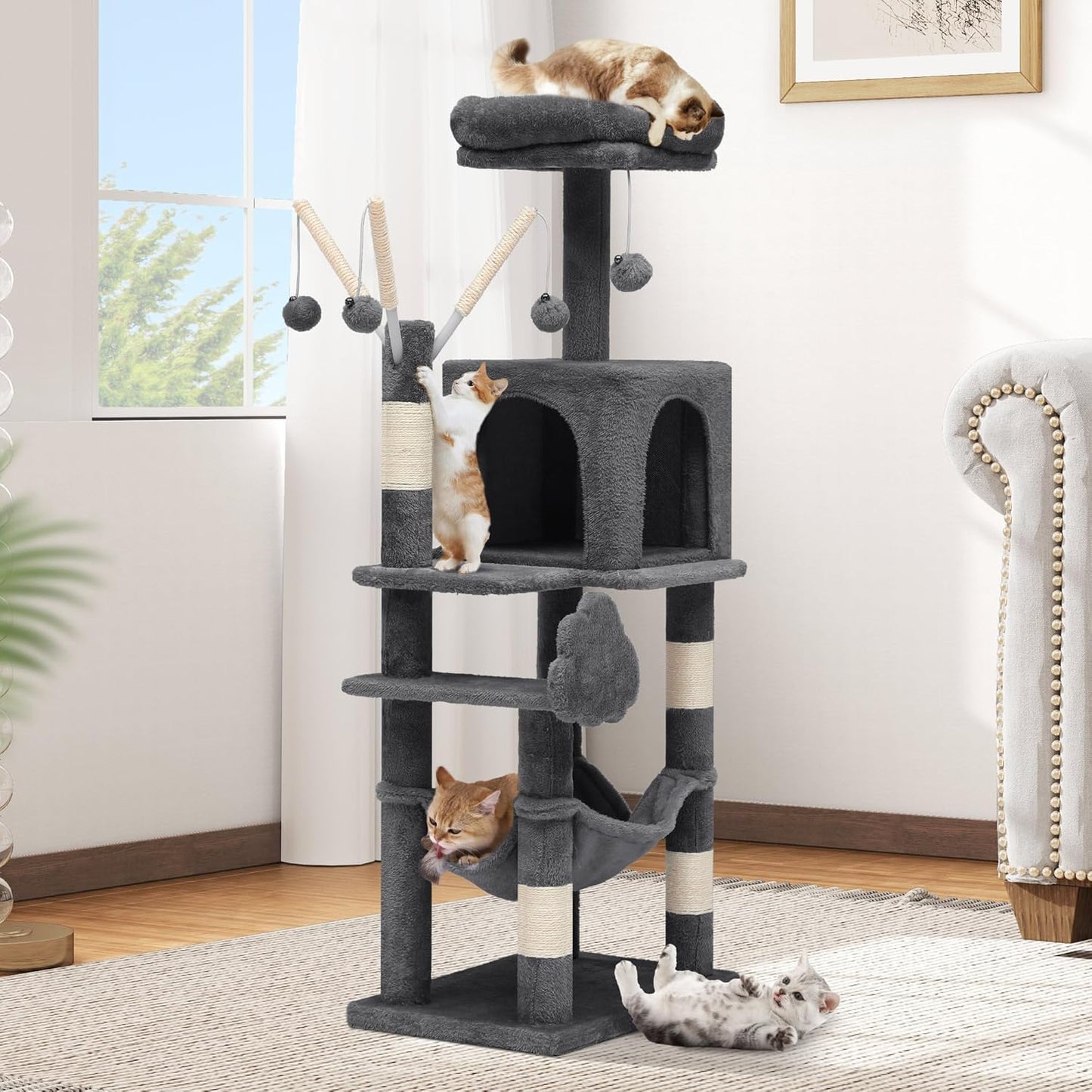 75-inch Indoor Cat Tree Tower, Multi-Level Pet Playground, Cat Furniture with Scratch Posts, Hideaway Condos, Soft Perch, Snug Hammock, Climbing Ladder, and Plush Balls for Kittens (Dark Gray)