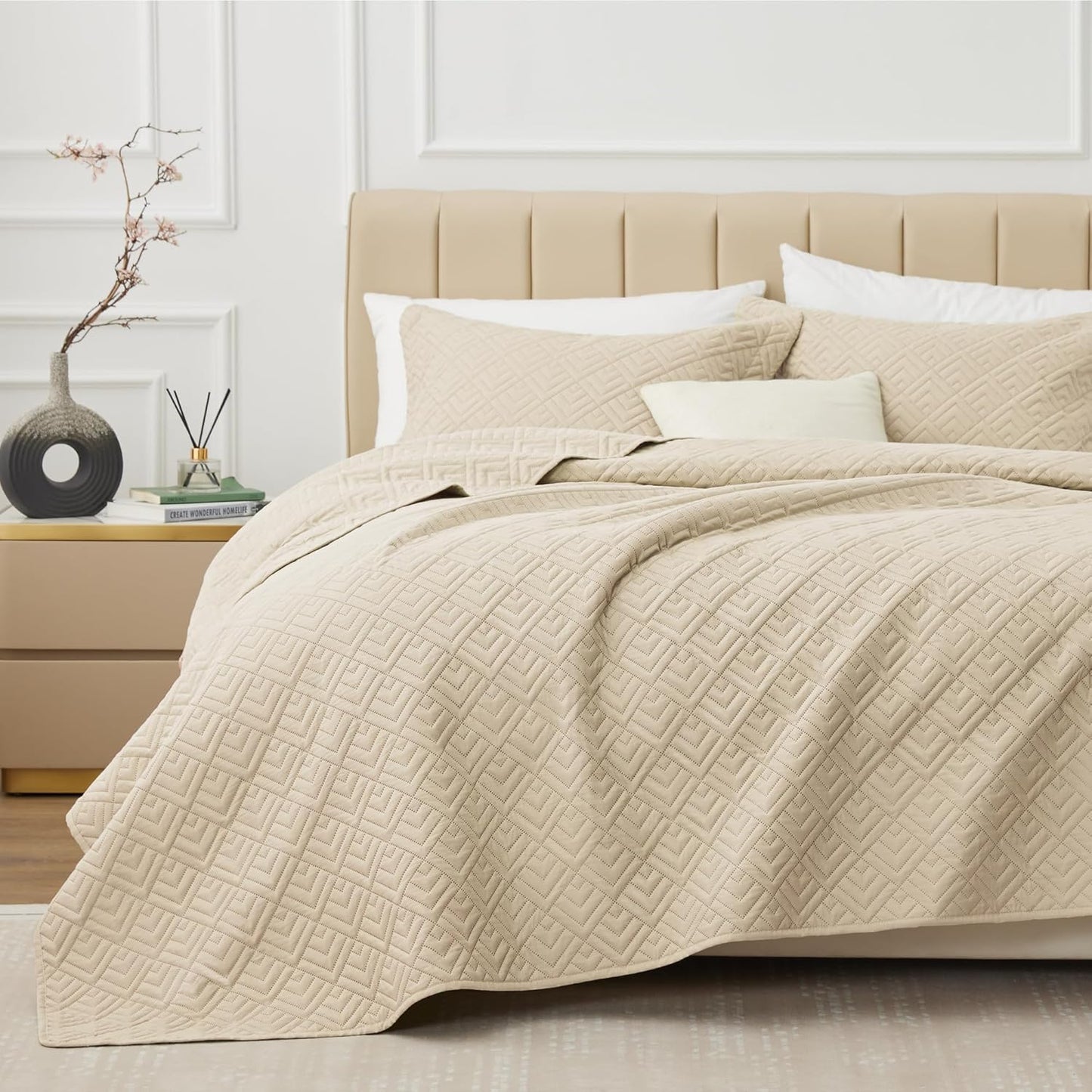 Home Quilt Set Full Queen Size Grey 3 Piece,Lightweight Soft Coverlet Squares Pattern Bedspread Set for All Season(1 Quilt,2 Pillow Shams)