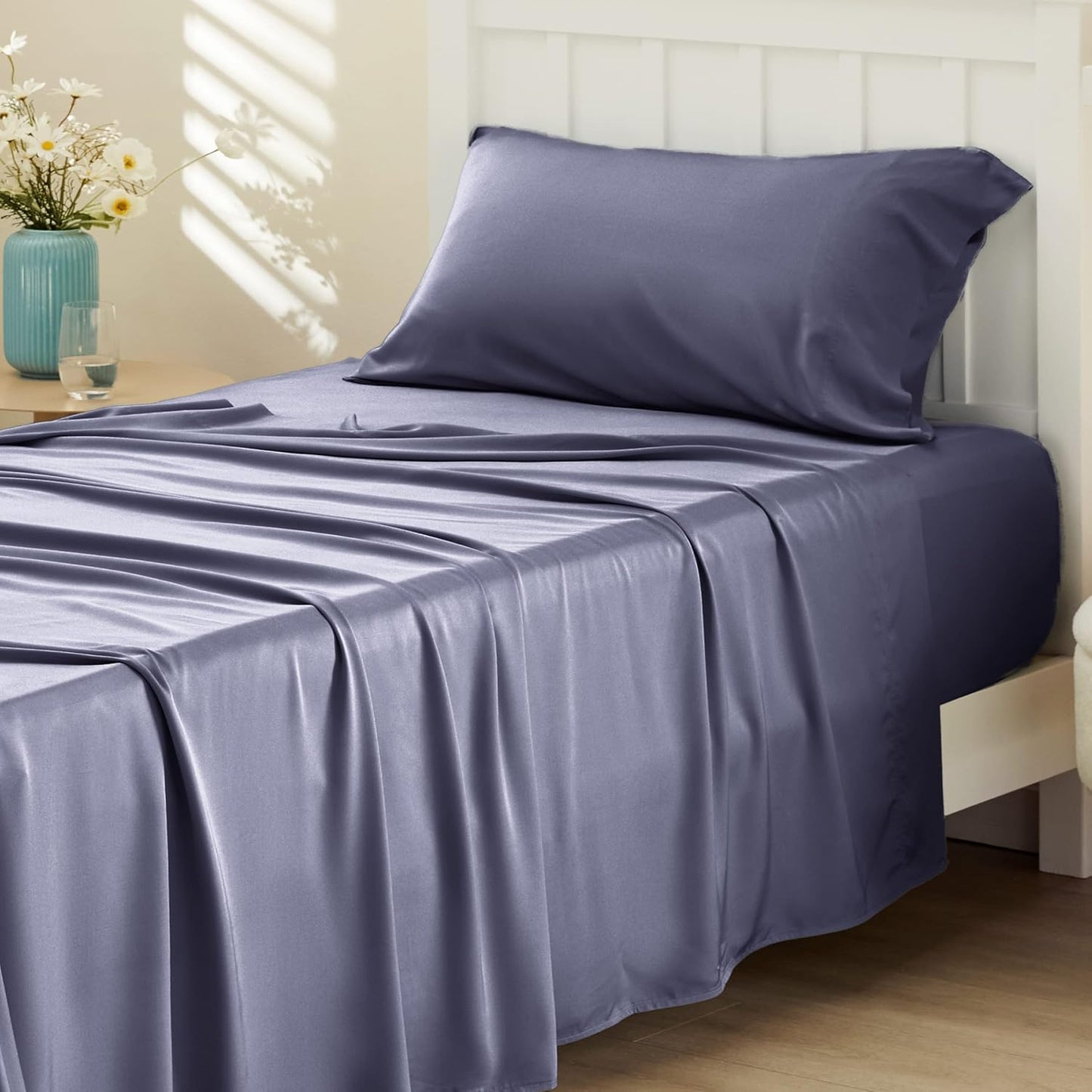Queen Sheet Set, Cooling Sheets for Queen Size Bed Set, Rayon Derived from Bamboo, Breathable & Soft Deep Pocket Up to 16 Inches, Hotel Luxury Silky Bedding, Bedsheet & Pillowcases, Dark Grey