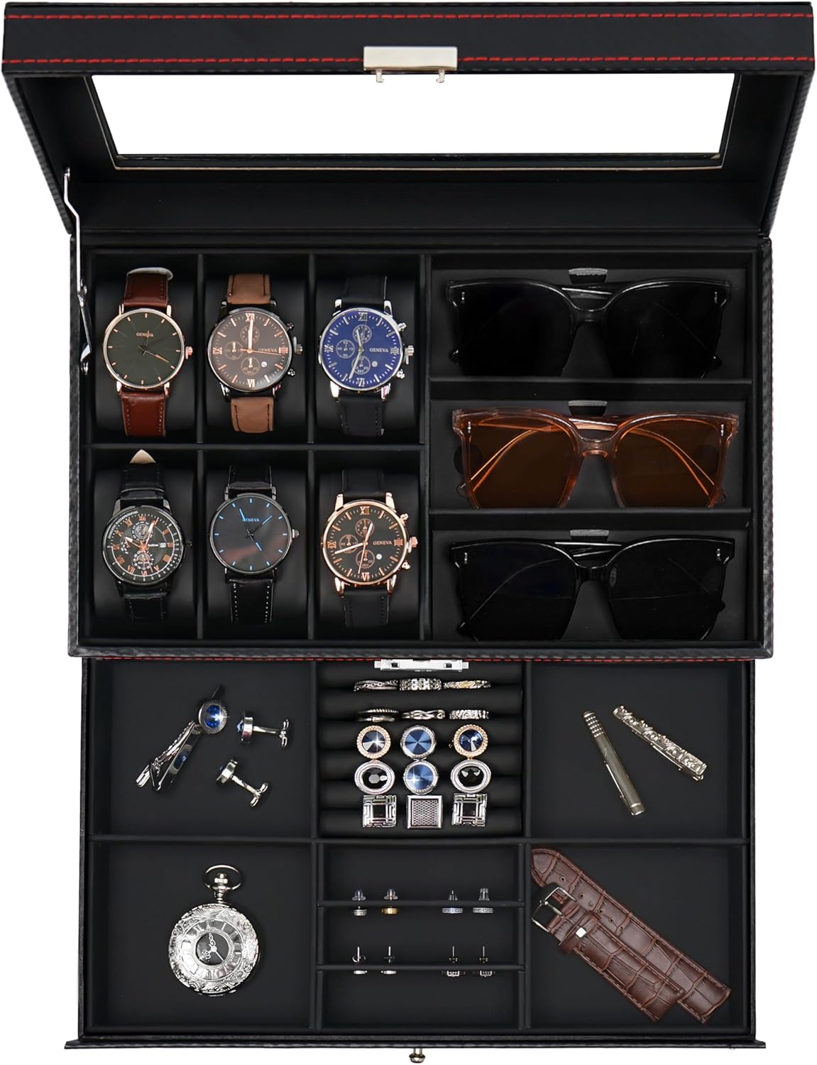 12 Slot Watch Case,2 Layers Watch Box Organizer with Large Glass Lid, Lockable Leather Watch Holder Display Case Storage with Jewelry Organizer Holder Drawer, Ideal Gift for Men Women, Black