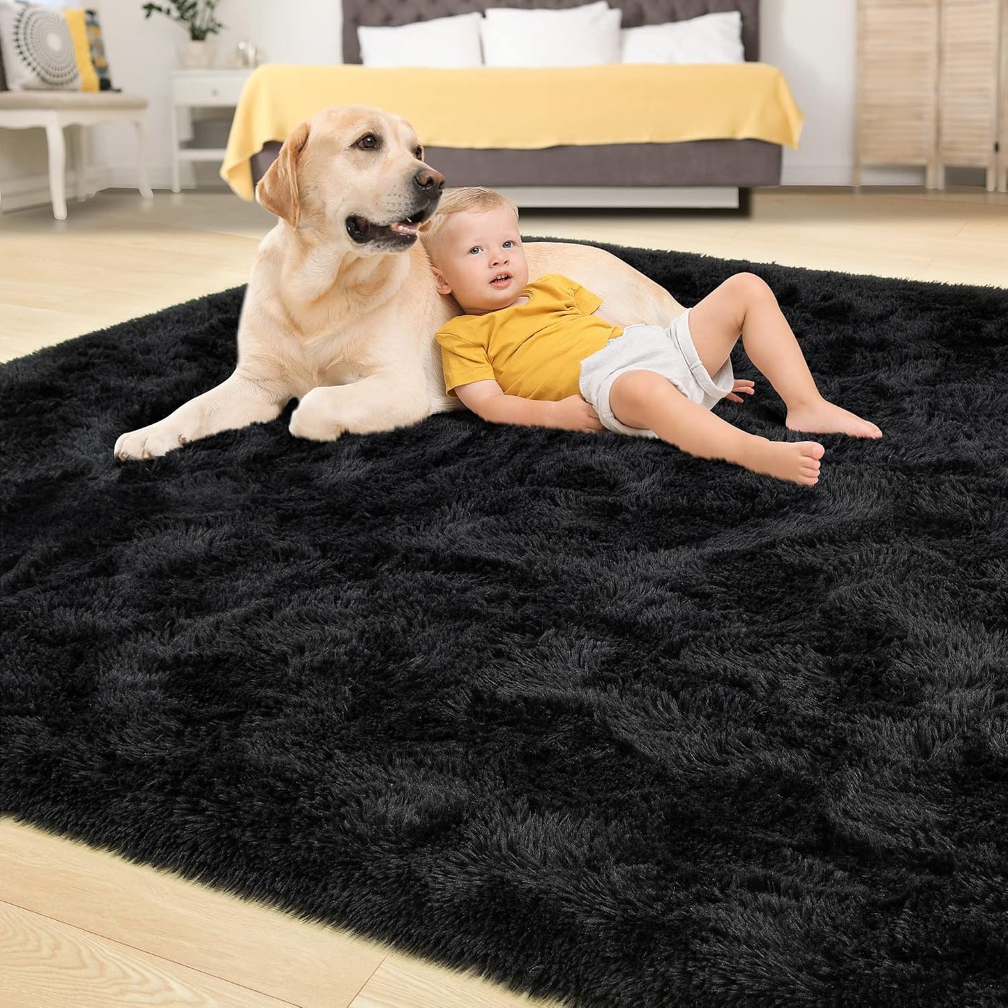 Area Rugs 8x10 for Living Room, Super Soft Fluffy Rugs for Bedroom, Modern Shaggy Rug Fuzzy Carpets for Kids, Plush Indoor Nursery Home Decor Rug with Non-Slip Bottom, Black