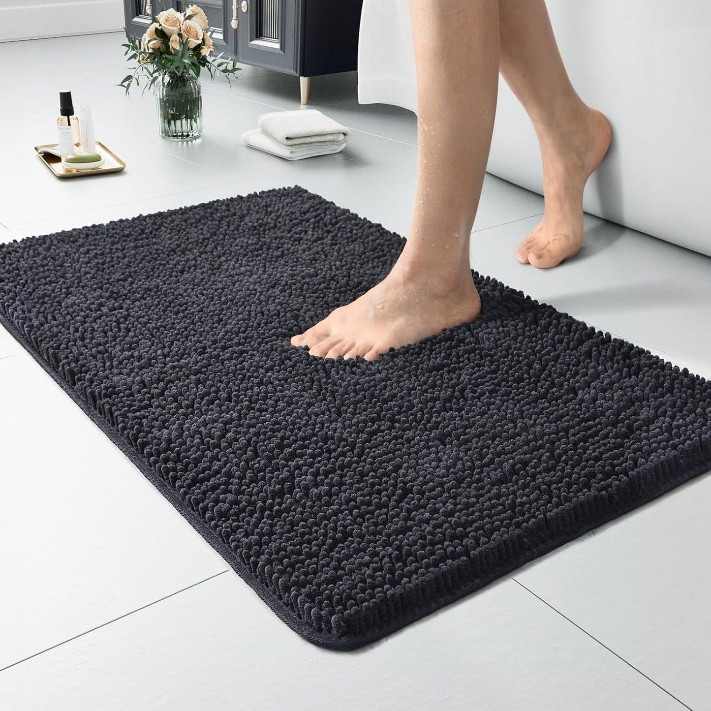 Luxury Bathroom Rug Shaggy Bath Mat 24 x 60 Inch, Washable Non Slip Bath Rugs for Bathroom Shower, Soft Plush Chenille Absorbent Carpets Mats, Black