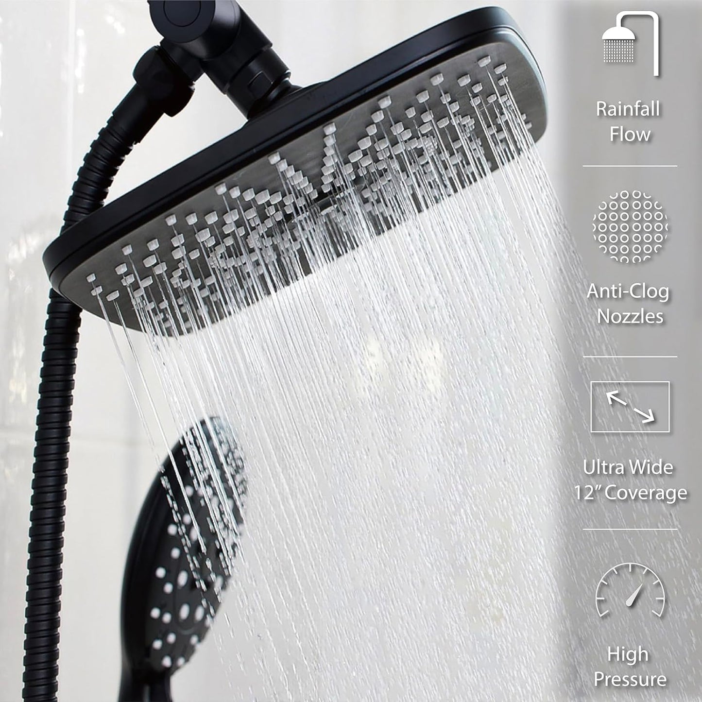 11.8 Inch High Pressure Rain Shower Head -Shower Heads with 5 Modes Handheld Spray Combo- Wide RainFall shower with 70" Hose - Adjustable Dual Showerhead with Anti-Clog Nozzles- Matte Black
