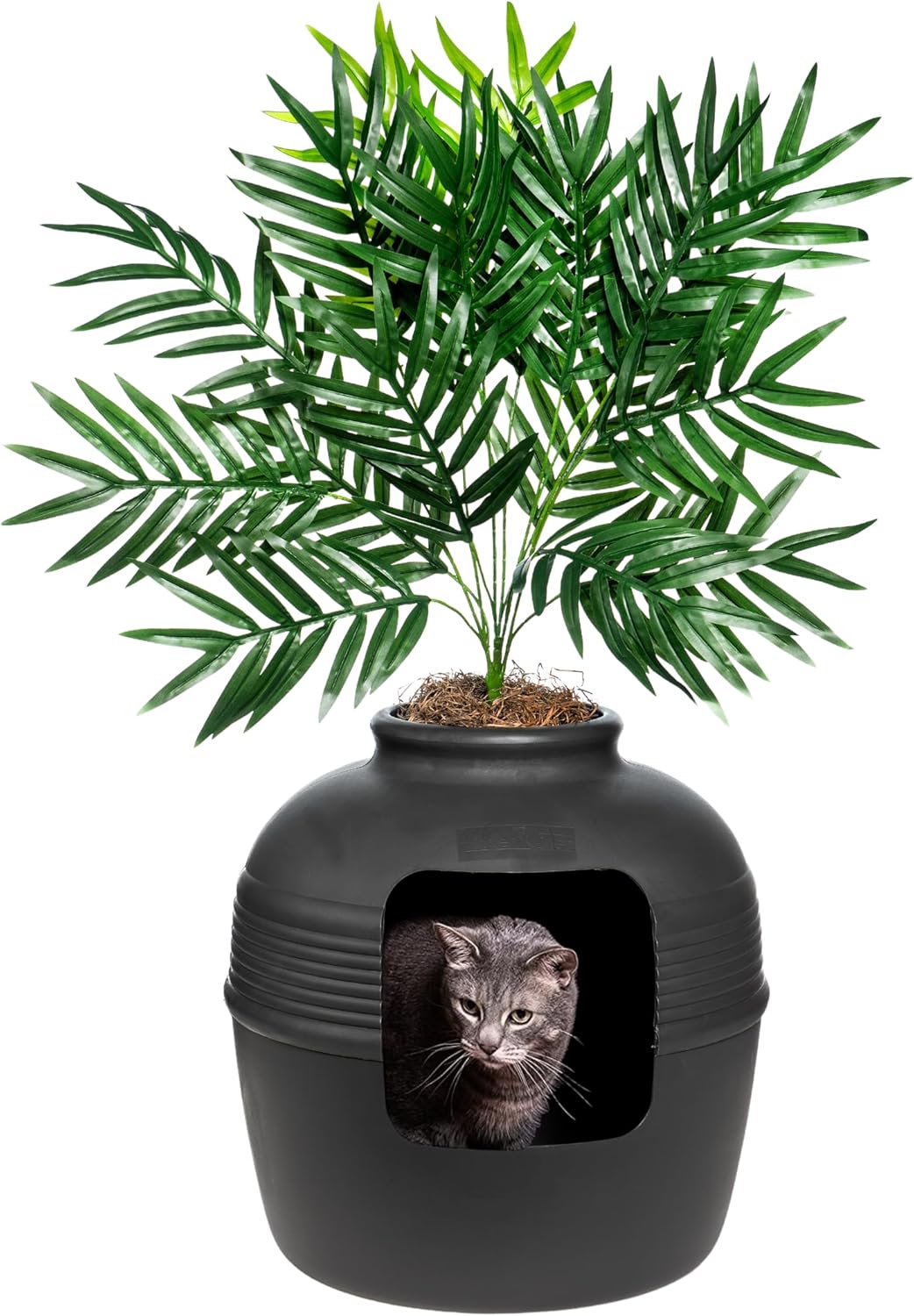 Hidden Litter Box Base Kit, Round Enclosed Cat Planter Furniture with Fake Plant, Hooded Vented Carbon Filter System for Odor Control, Easy to Clean, Made in USA, White Birch