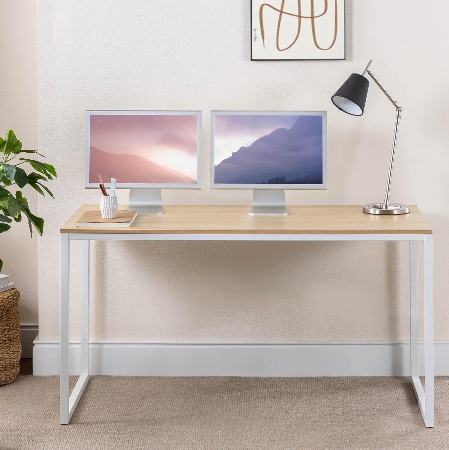 55 Inch White Frame Desk, Computer Workstation, Office Desk, Dining Table, Easy Assembly, Natural