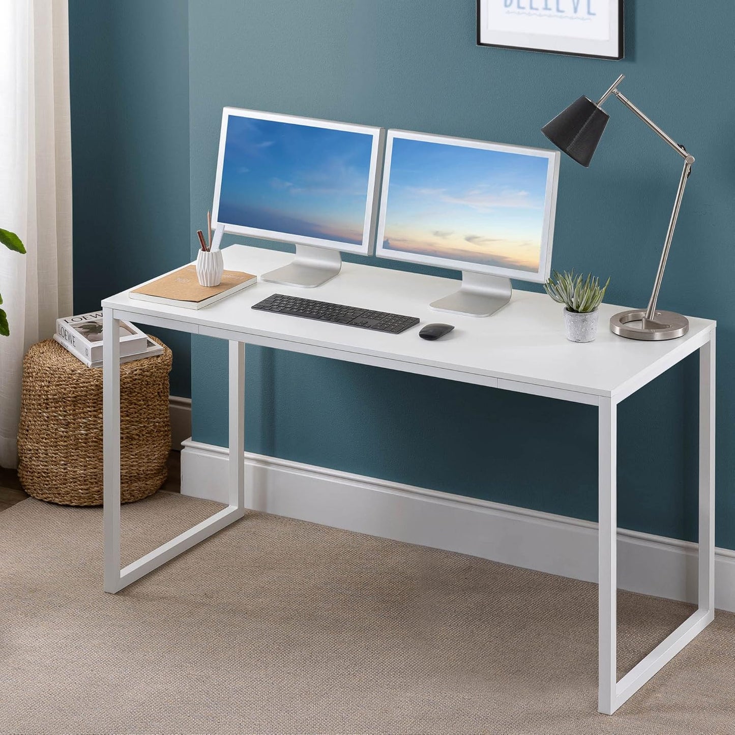 55 Inch White Frame Desk, Computer Workstation, Office Desk, Dining Table, Easy Assembly, Natural