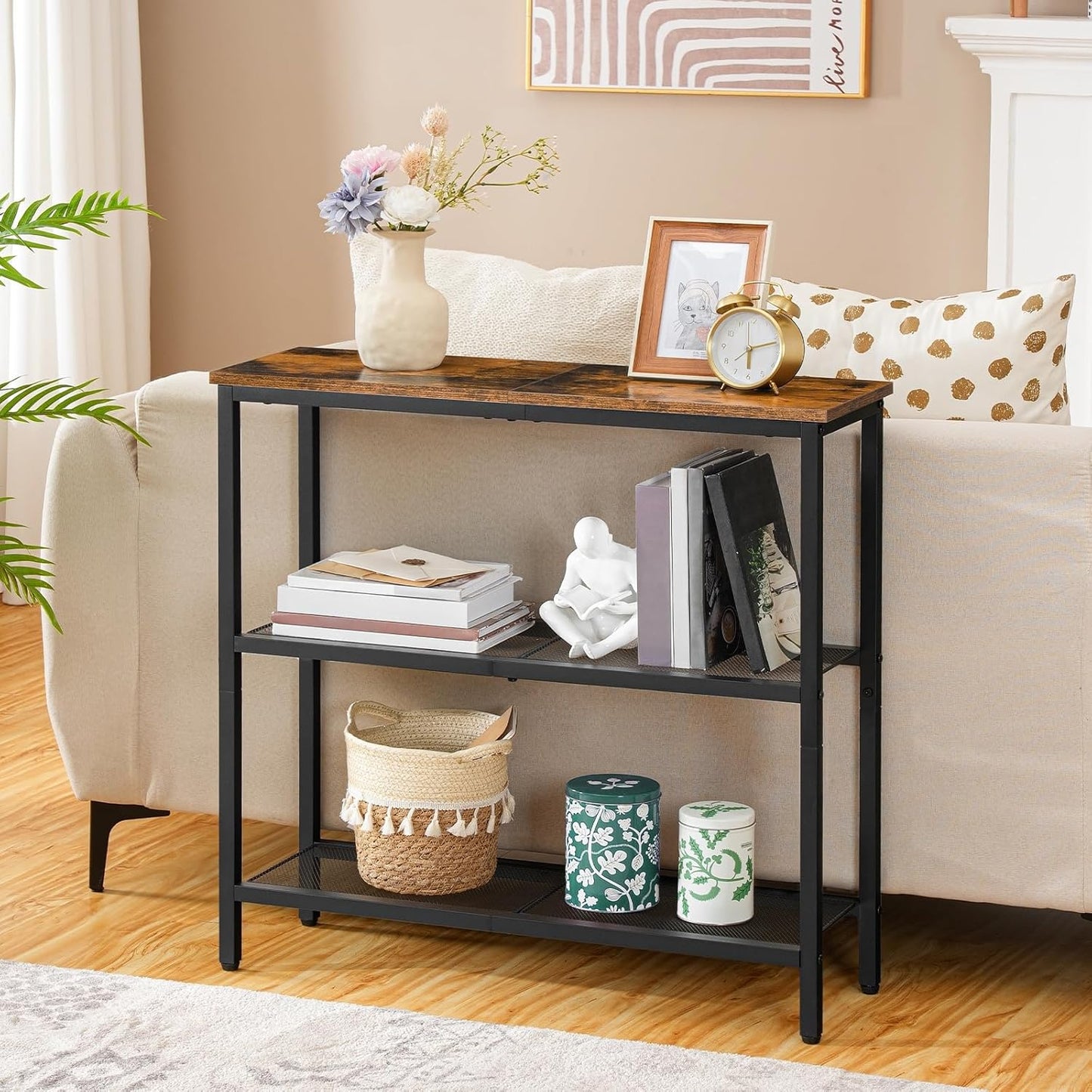 29.5" Narrow Console Table, 3-Tier Entryway Table, Thin Sofa Table with Shelves, Side Table, Display Table, for Hallway, Entrance, Living Room, Bedroom, Rustic Brown and Black BF73XG01