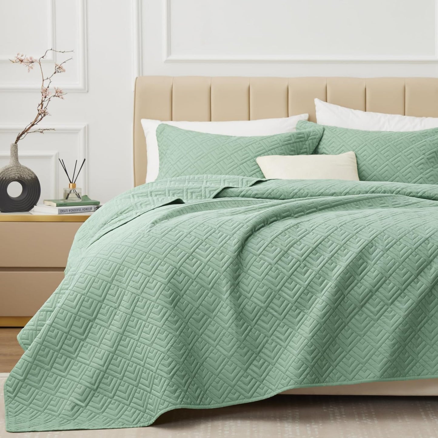 Home Quilt Set Full Queen Size Grey 3 Piece,Lightweight Soft Coverlet Squares Pattern Bedspread Set for All Season(1 Quilt,2 Pillow Shams)