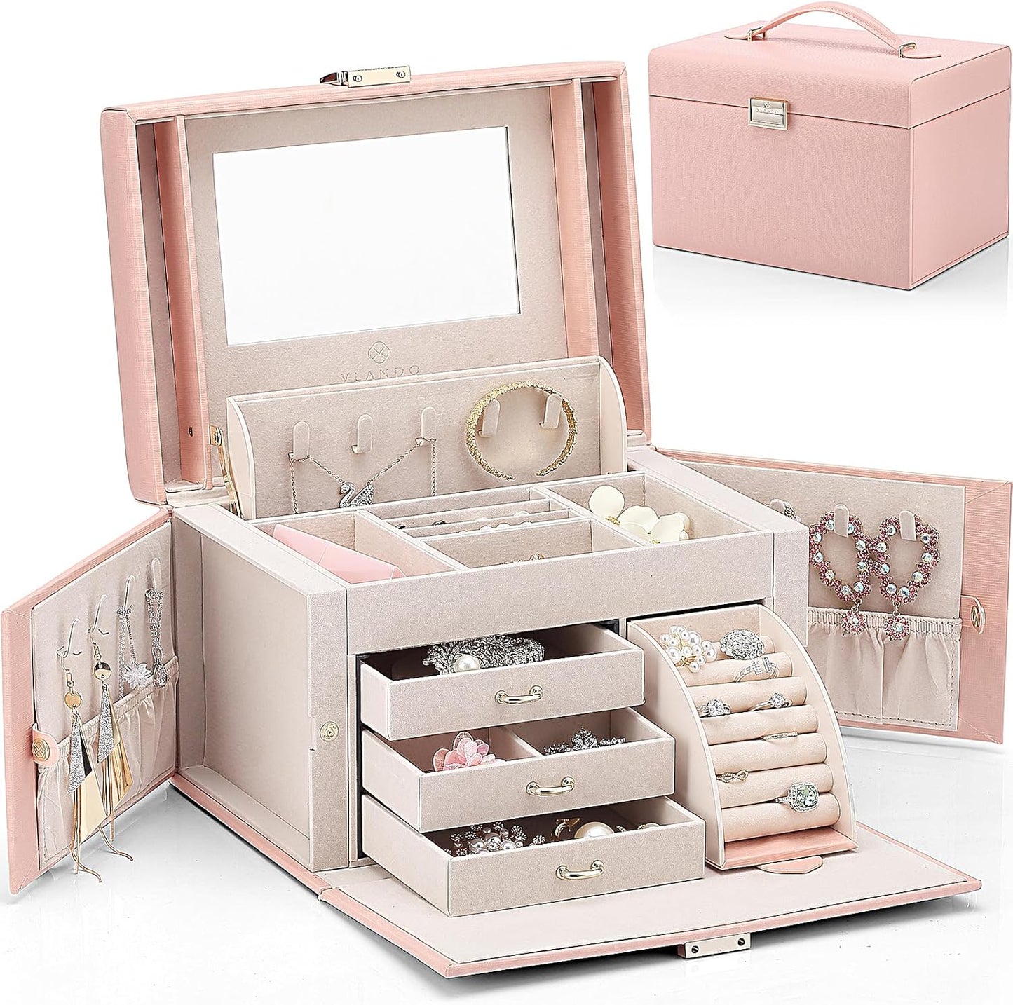 Jewelry Box Organizer for Girls Women, Large Jewelry Holder Organizer with Mirror, 3 Drawers for Bracelets, Earrings, Rings, Necklaces, Mothers Day Gifts for Loved One, Apricot White
