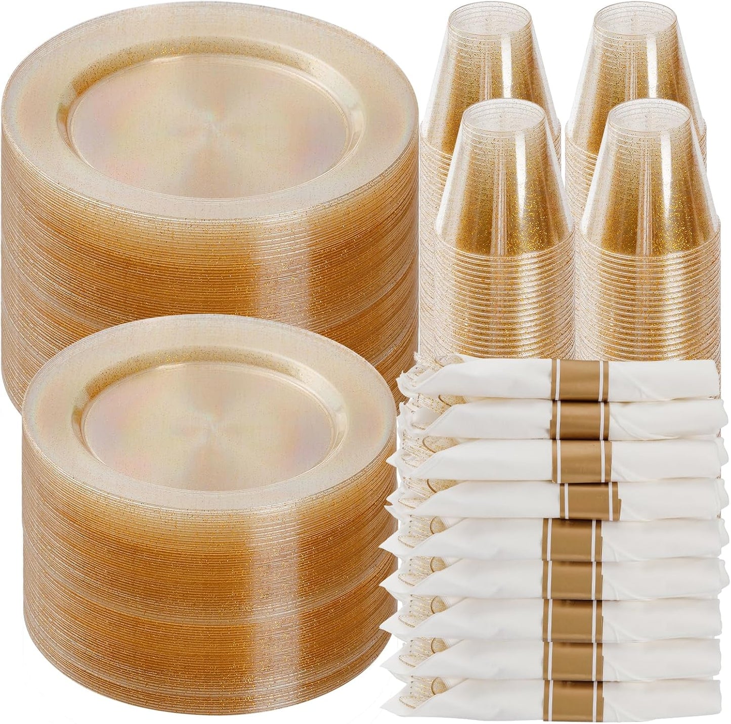 350 Piece Silver Plastic Dinnerware Set for 50 Guests, Fancy Disposable Plates for Party, Include: 50 Dinner Plates, 50 Dessert Plates, 50 Pre Rolled Napkins with Silver Silverware, 50 Cups