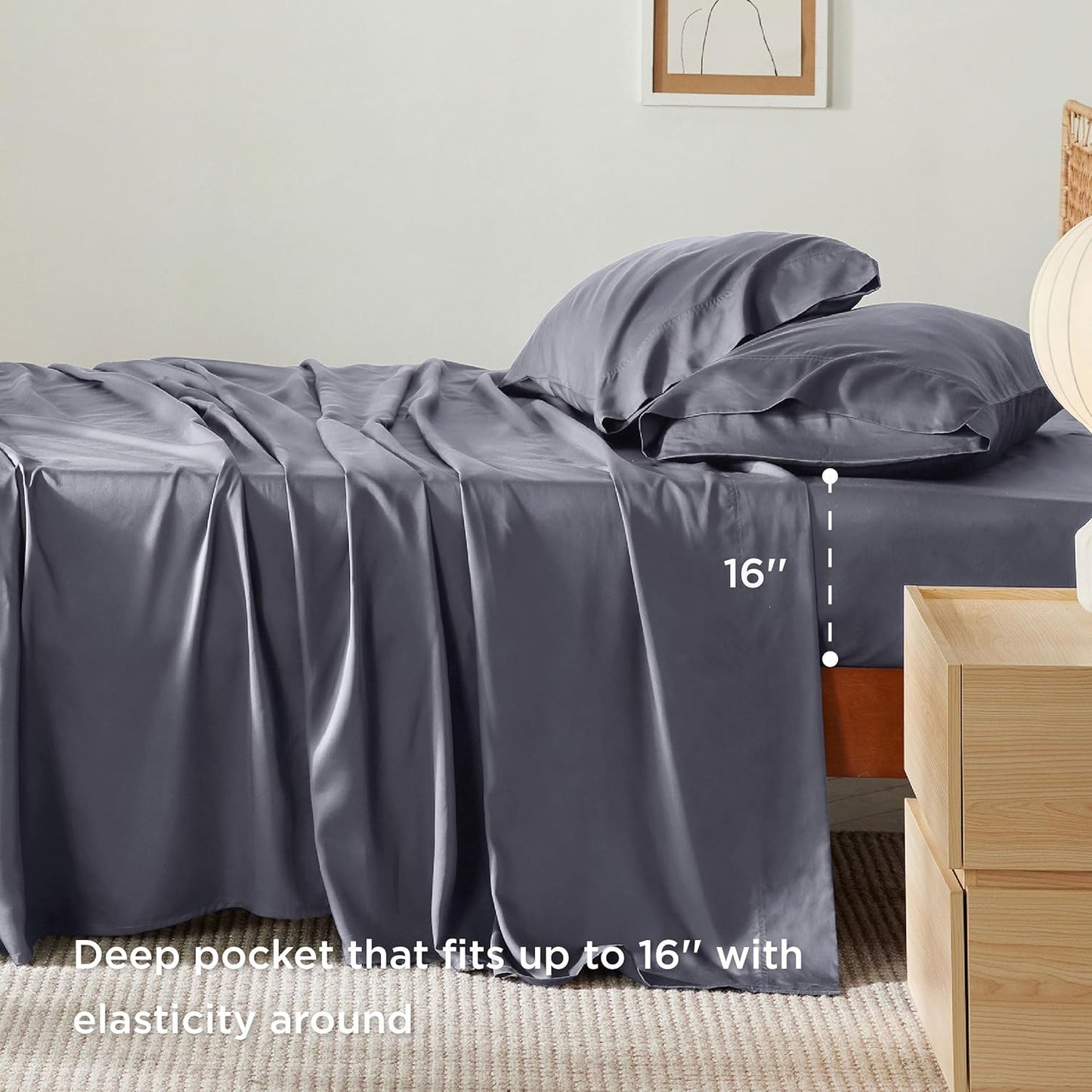 Queen Sheet Set, Cooling Sheets for Queen Size Bed Set, Rayon Derived from Bamboo, Breathable & Soft Deep Pocket Up to 16 Inches, Hotel Luxury Silky Bedding, Bedsheet & Pillowcases, Dark Grey