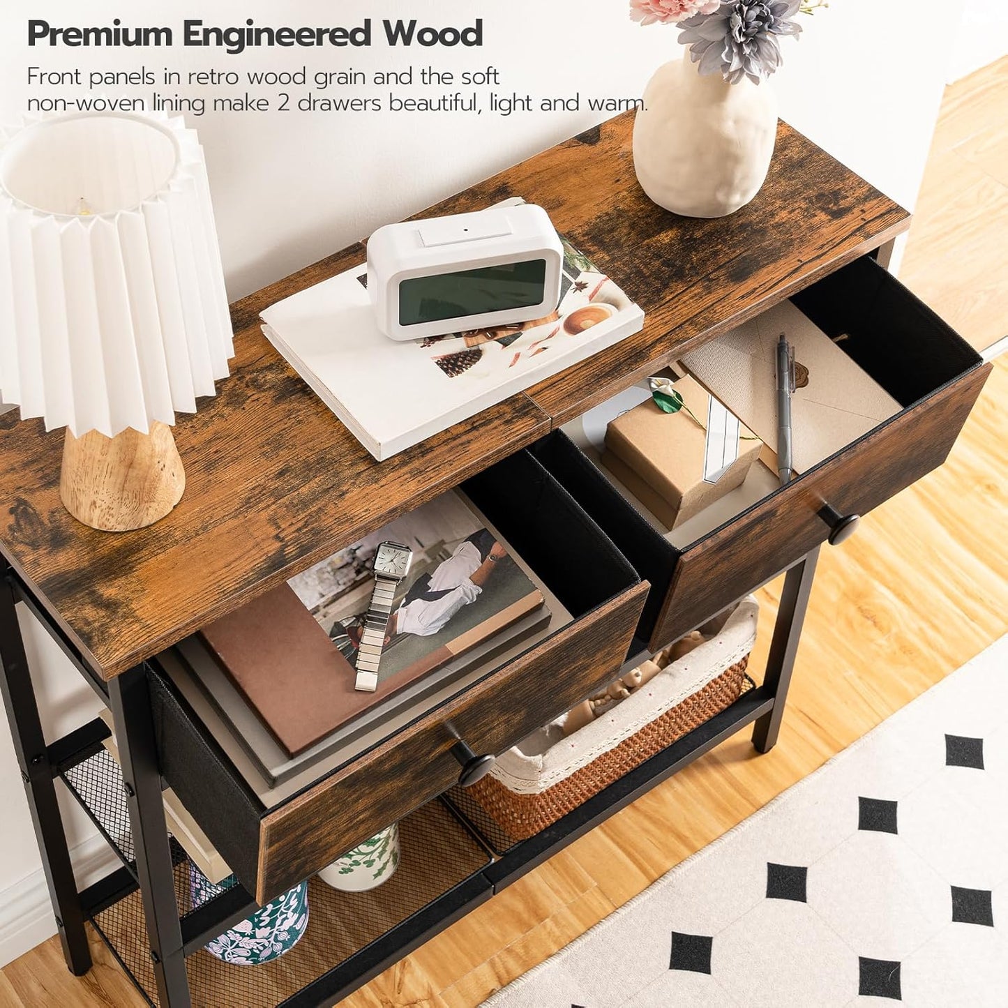 29.5" Narrow Console Table with 2 Fabric Drawers, Small Entryway Table with 3-Tier Storage Shelves, Thin Sofa Table, Side Table, for Living Room, Hallway, Rustic Brown and Black