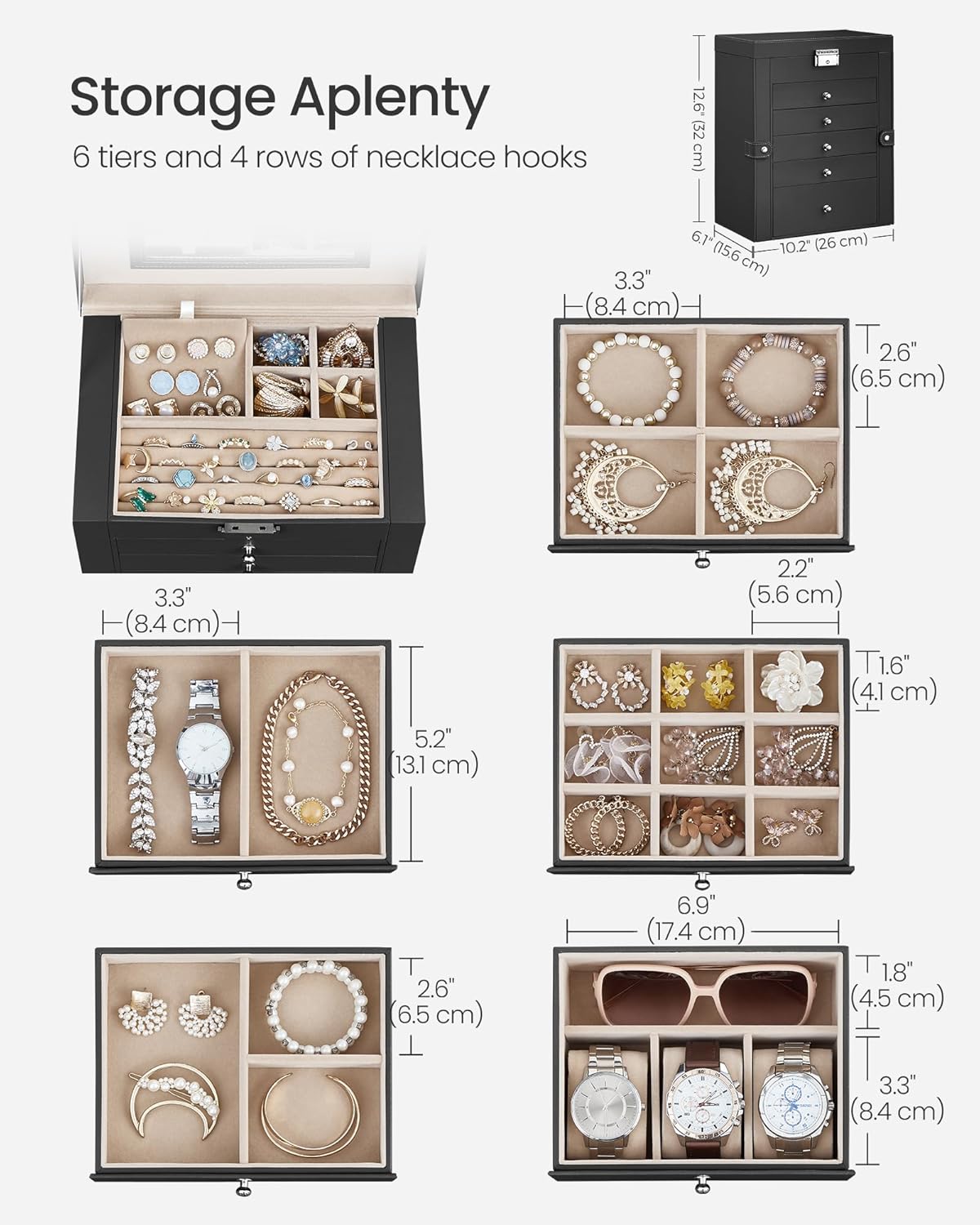 6 Tier Jewelry Box, Jewelry Storage Organizer with 5 Drawers, Large Storage Capacity, with Mirror, Lockable, Jewelry Case, Gift for Loved Ones, For Watches, Black UJBC152B01