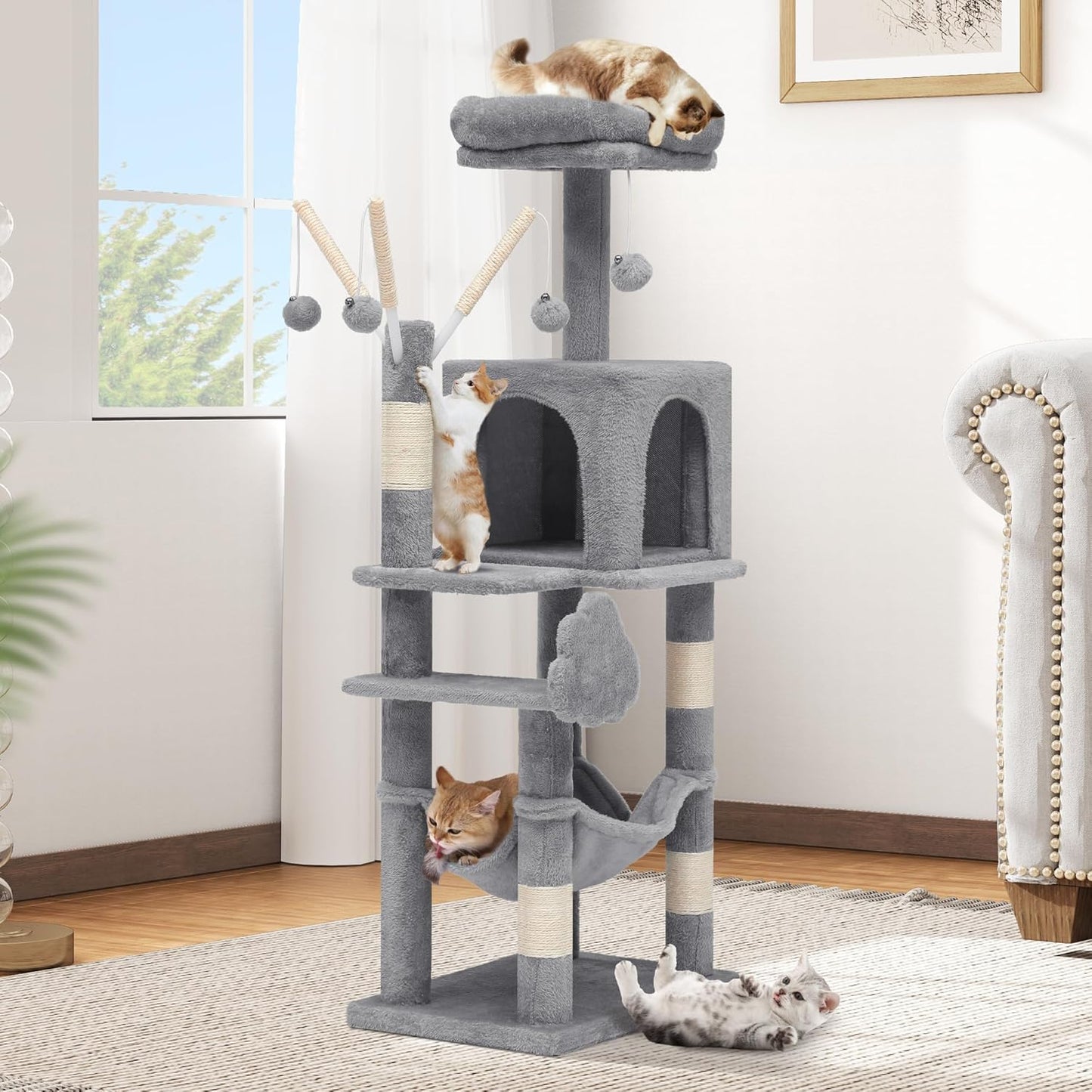 75-inch Indoor Cat Tree Tower, Multi-Level Pet Playground, Cat Furniture with Scratch Posts, Hideaway Condos, Soft Perch, Snug Hammock, Climbing Ladder, and Plush Balls for Kittens (Dark Gray)