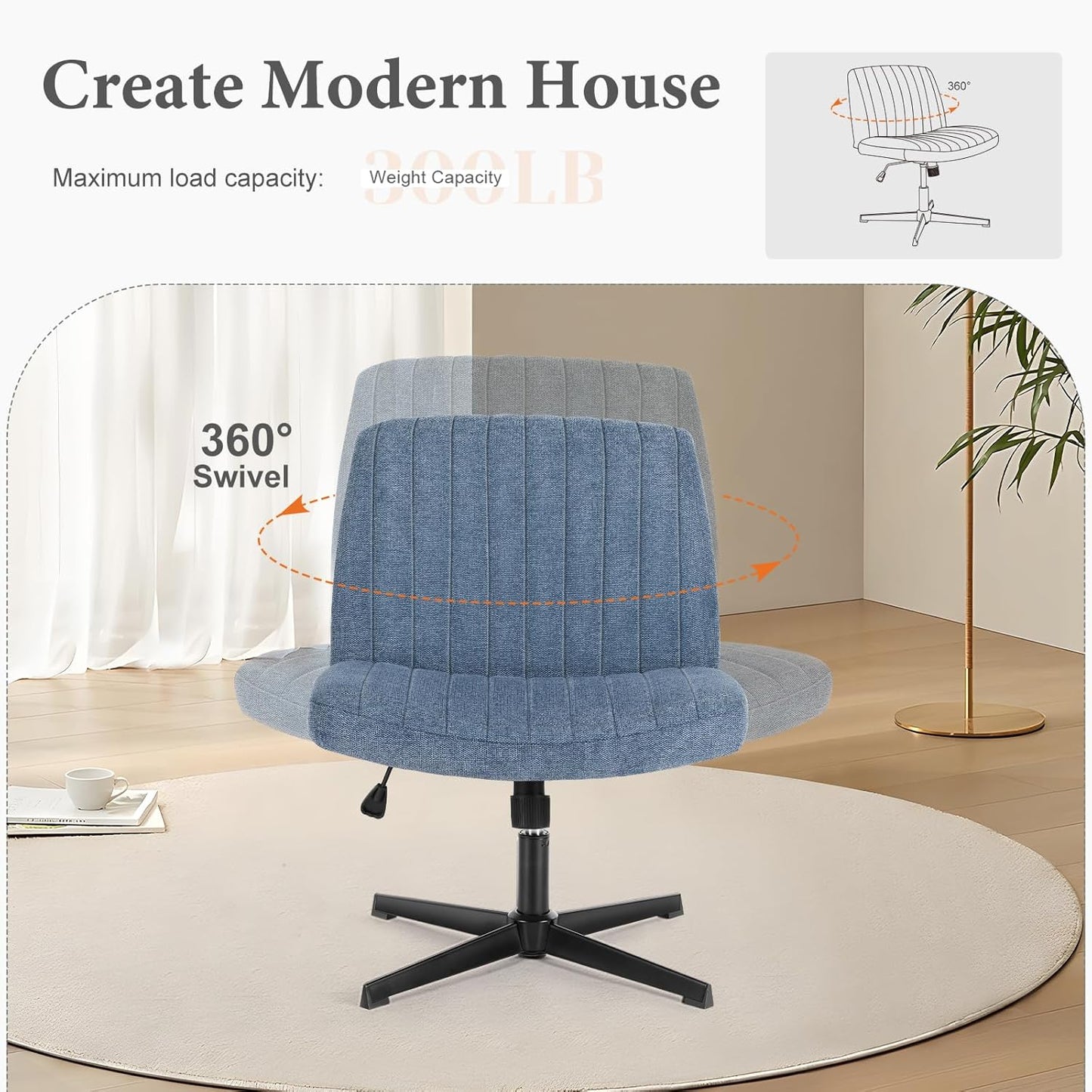 Criss Cross Chair Legged, Armless Office Desk Chair No Wheels, Swivel Vanity Chair, Height Adjustable Wide Seat Computer Task Chair, Fabric Vanity Modern Home Chair Blue