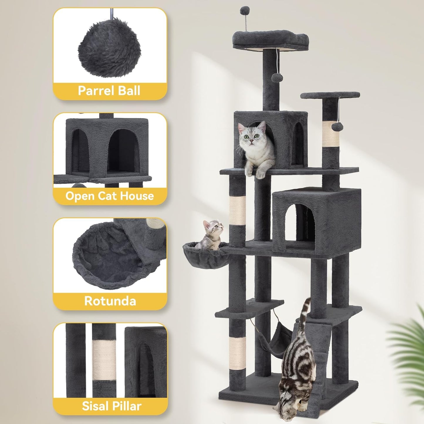 75-inch Indoor Cat Tree Tower, Multi-Level Pet Playground, Cat Furniture with Scratch Posts, Hideaway Condos, Soft Perch, Snug Hammock, Climbing Ladder, and Plush Balls for Kittens (Dark Gray)