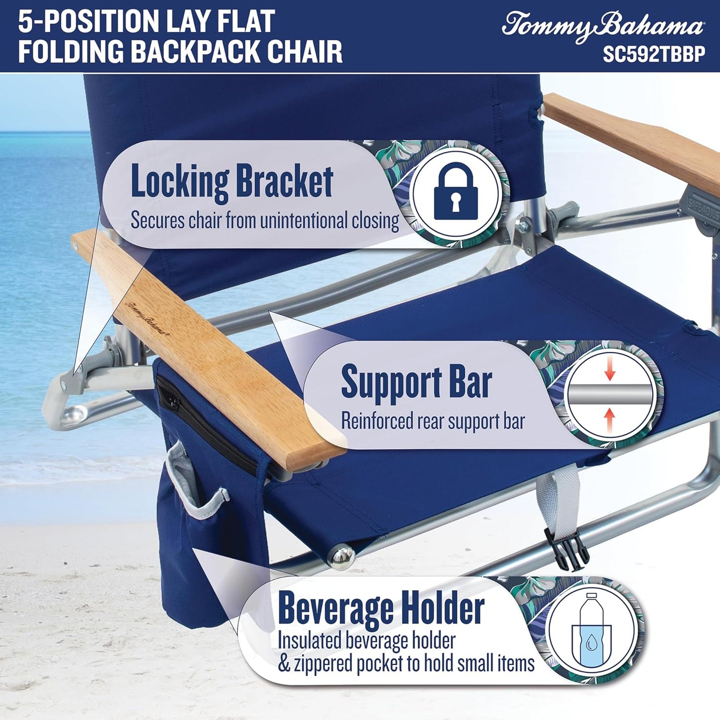 5-Position Classic Lay Flat Folding Backpack Beach Chair, Blue and Green Stripe , 23" x 25.25" x 31.5"