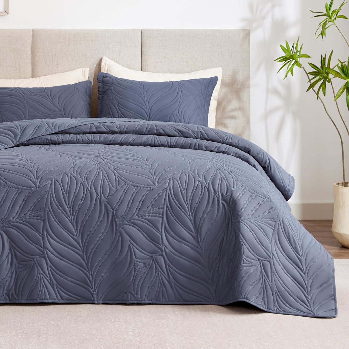 Home Quilt Set Full Queen Size Grey 3 Piece,Lightweight Soft Coverlet Squares Pattern Bedspread Set for All Season(1 Quilt,2 Pillow Shams)