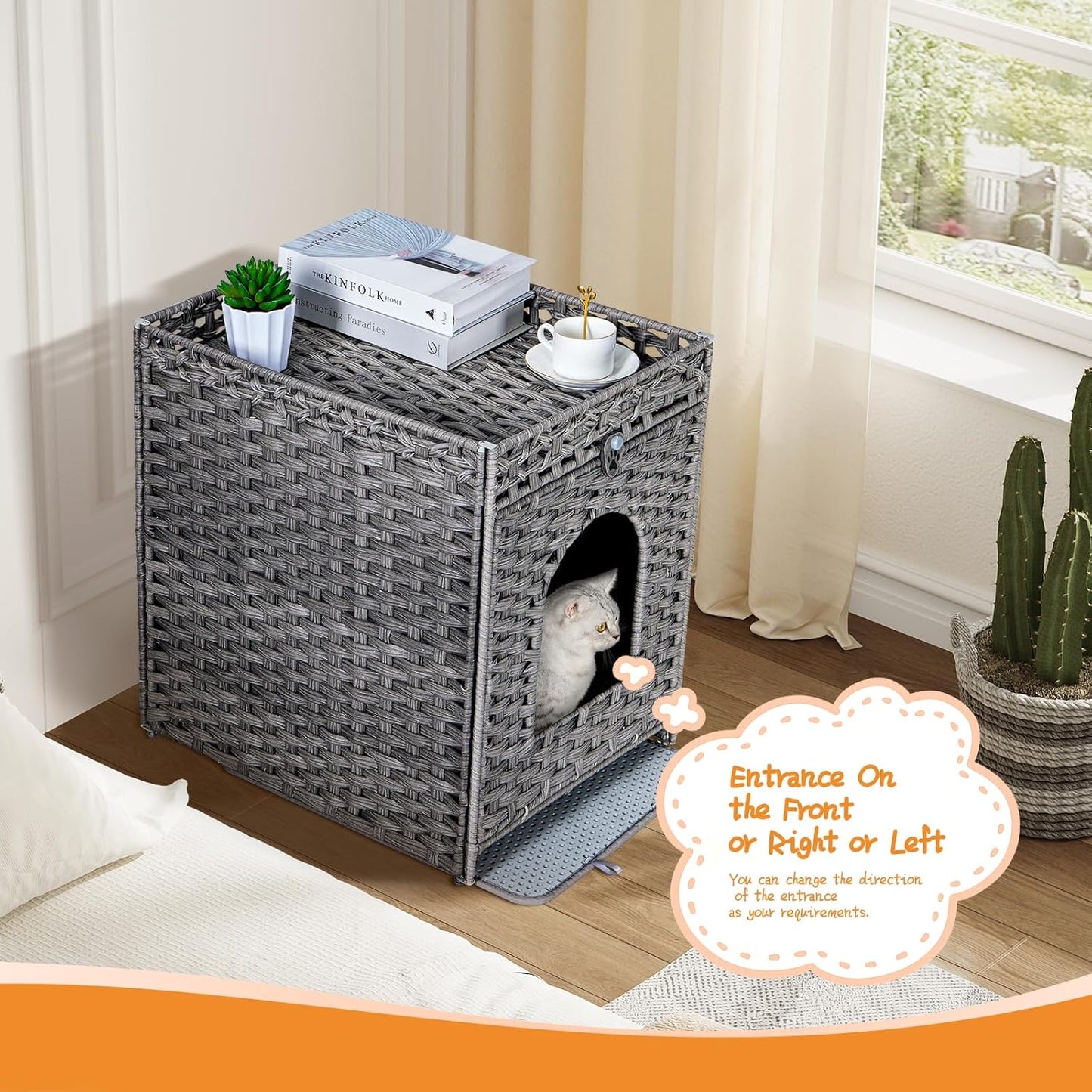 Cat Litter Box Enclosure Furniture Hidden with Cat Litter Mat, Hidden Cat Washroom Furniture with Door, Handwoven Rattan Cat Washroom Box, Indoor Pet House for Living Room, Bedroom(Grey)