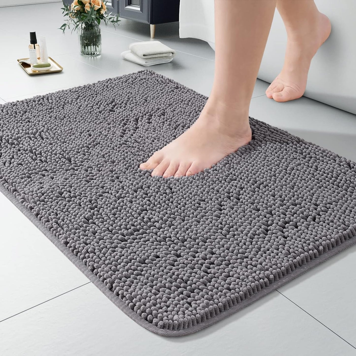 Luxury Bathroom Rug Shaggy Bath Mat 24 x 60 Inch, Washable Non Slip Bath Rugs for Bathroom Shower, Soft Plush Chenille Absorbent Carpets Mats, Black