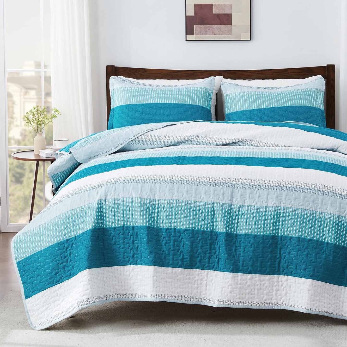 King Size Quilt Set Mineral Blue, 3 Pieces Summer Ultra Soft Lightweight Bedspreads & Coverlets Set, Patchwork Striped Quilted Bedding Sets for All Seasons (1 Quilt, 2 Pillow Shams)