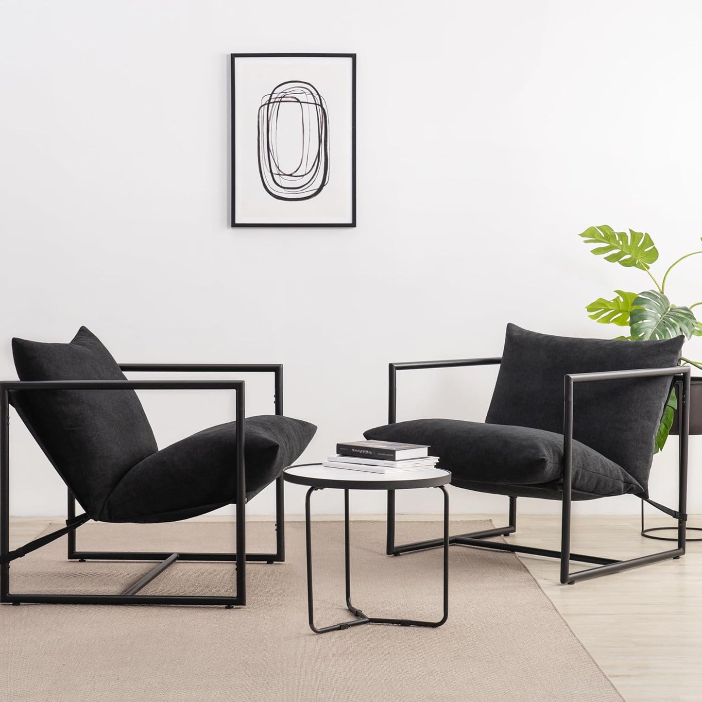 Aidan Sling Accent Chair, Metal Framed Armchair with Shredded Foam Cushioning, Oatmeal