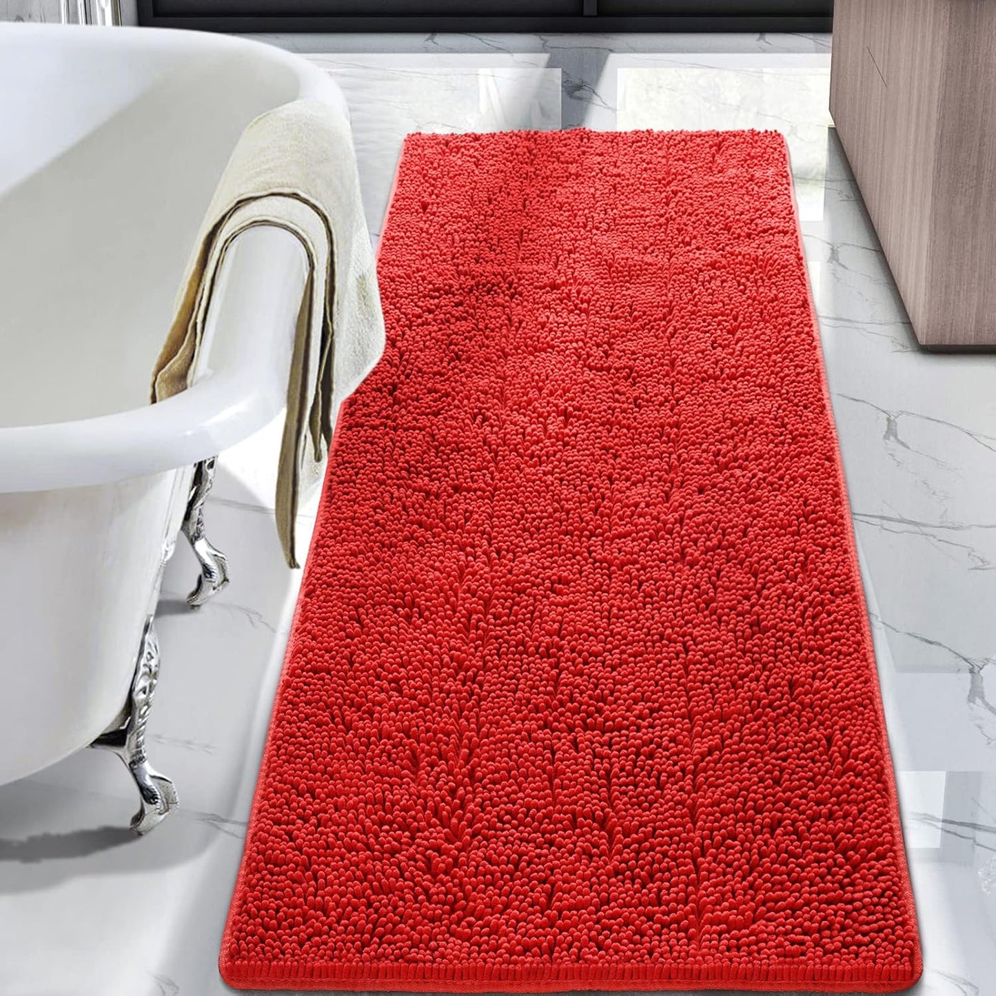 Luxury Bathroom Rug Shaggy Bath Mat 24 x 60 Inch, Washable Non Slip Bath Rugs for Bathroom Shower, Soft Plush Chenille Absorbent Carpets Mats, Black