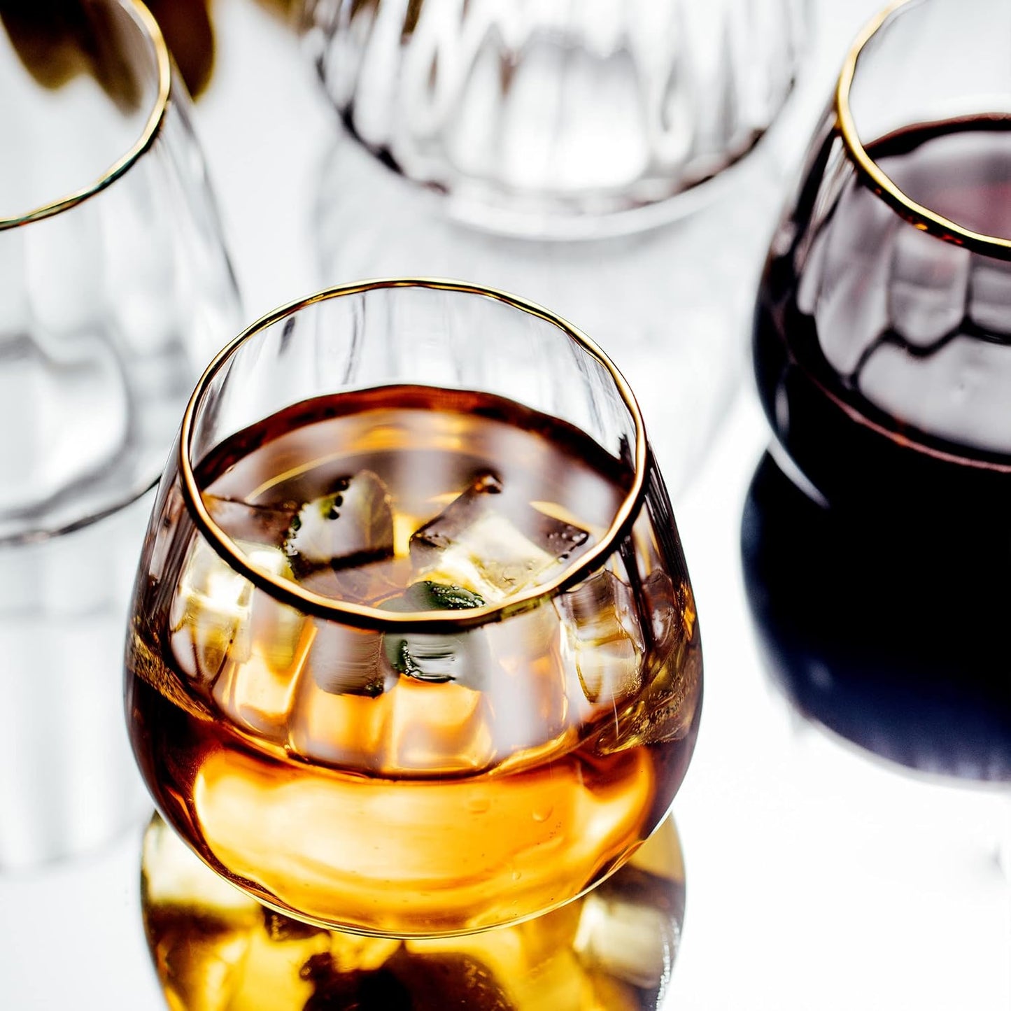 Stemless Wine Glasses Set of 4 - Premium Hand Blown Drinking Glasses for White and Red Wine - Elegant Wide Vertical Stripe and Gold Rim Design - Clear 11.8oz