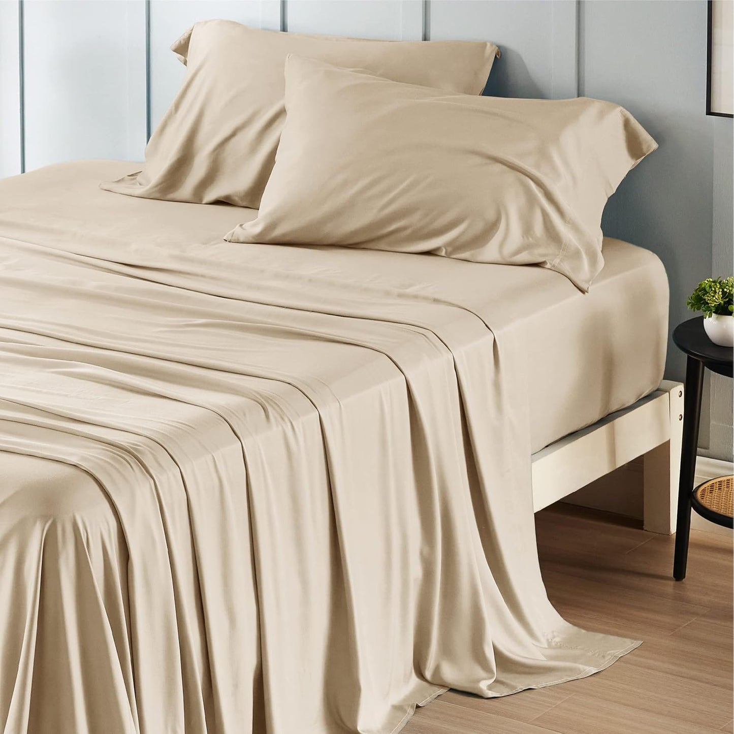 Queen Sheet Set, Cooling Sheets for Queen Size Bed Set, Rayon Derived from Bamboo, Breathable & Soft Deep Pocket Up to 16 Inches, Hotel Luxury Silky Bedding, Bedsheet & Pillowcases, Dark Grey