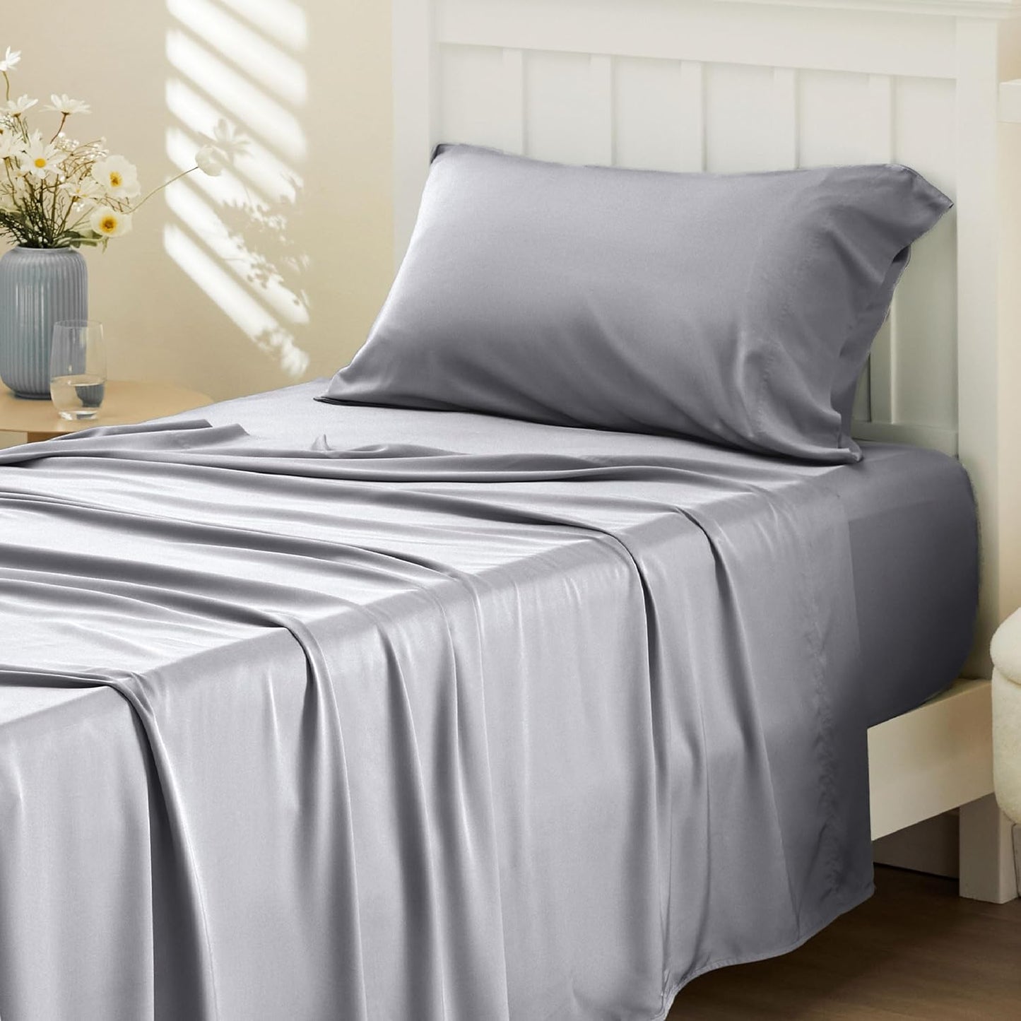 Queen Sheet Set, Cooling Sheets for Queen Size Bed Set, Rayon Derived from Bamboo, Breathable & Soft Deep Pocket Up to 16 Inches, Hotel Luxury Silky Bedding, Bedsheet & Pillowcases, Dark Grey