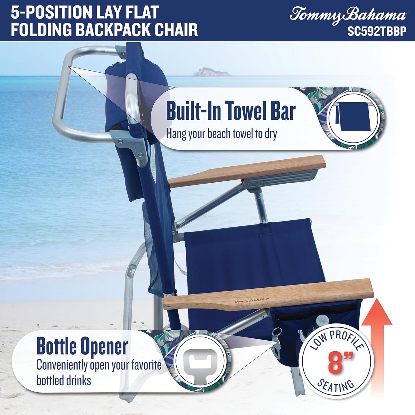 5-Position Classic Lay Flat Folding Backpack Beach Chair, Blue and Green Stripe , 23" x 25.25" x 31.5"
