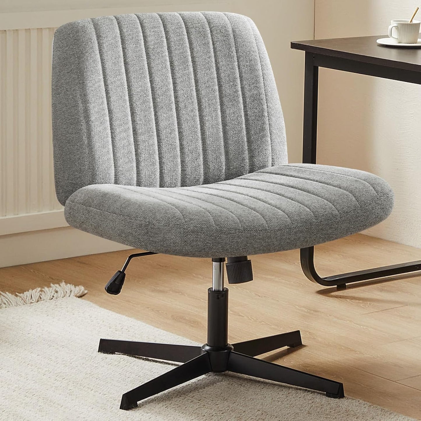 Criss Cross Chair Legged, Armless Office Desk Chair No Wheels, Swivel Vanity Chair, Height Adjustable Wide Seat Computer Task Chair, Fabric Vanity Modern Home Chair Blue