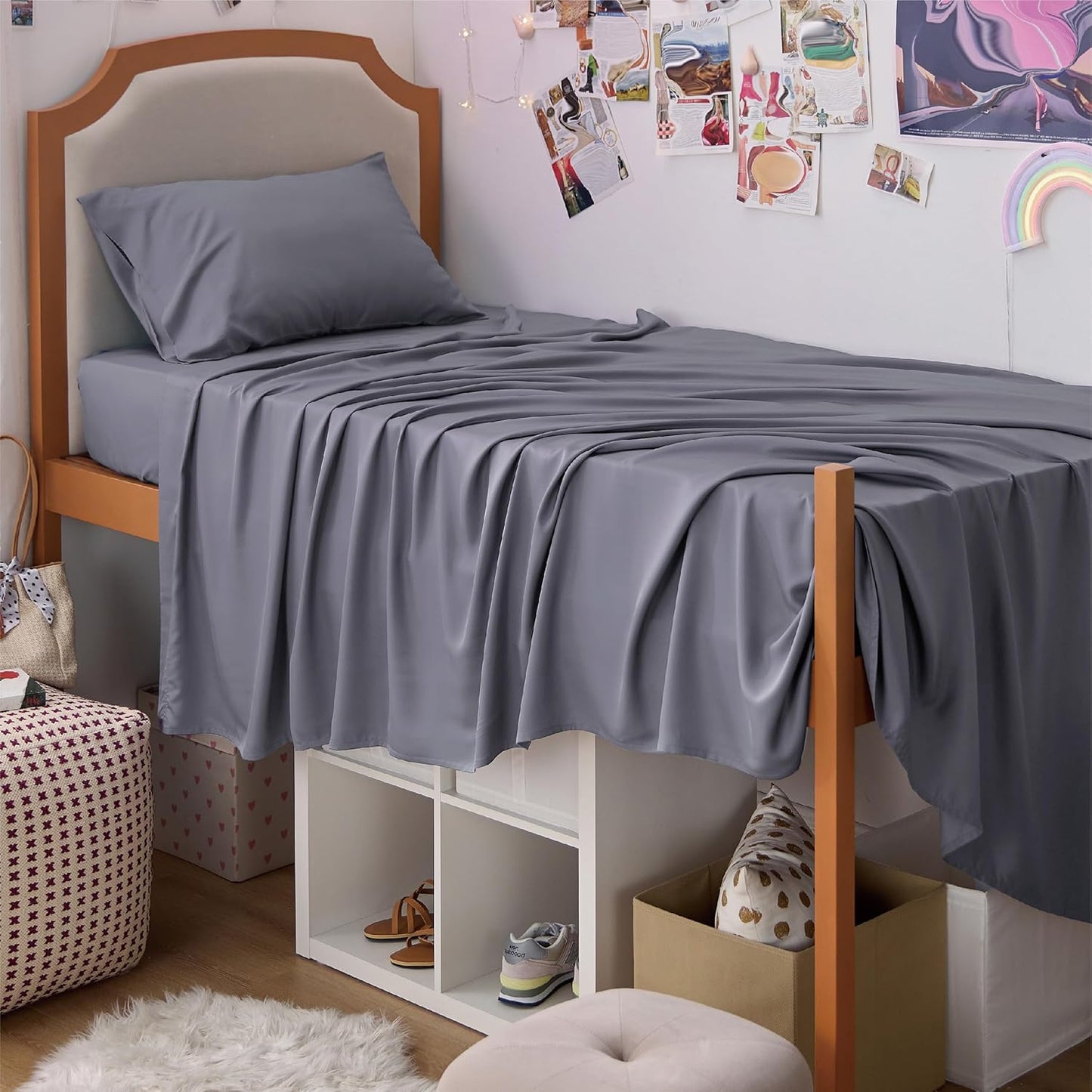 Queen Sheet Set, Cooling Sheets for Queen Size Bed Set, Rayon Derived from Bamboo, Breathable & Soft Deep Pocket Up to 16 Inches, Hotel Luxury Silky Bedding, Bedsheet & Pillowcases, Dark Grey